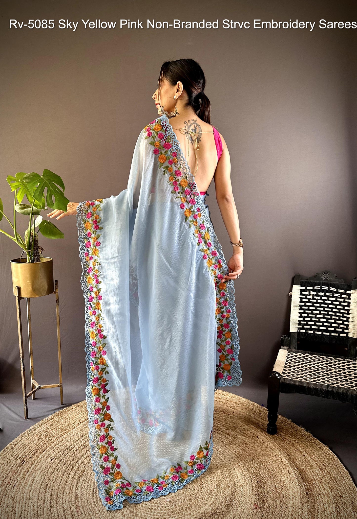 Rv-5085 Sky Yellow Pink Non-Branded Strvc Embroidery Sarees