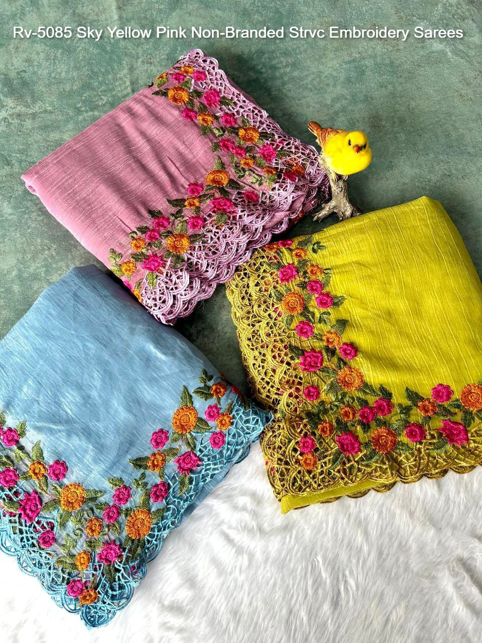 Rv-5085 Sky Yellow Pink Non-Branded Strvc Embroidery Sarees