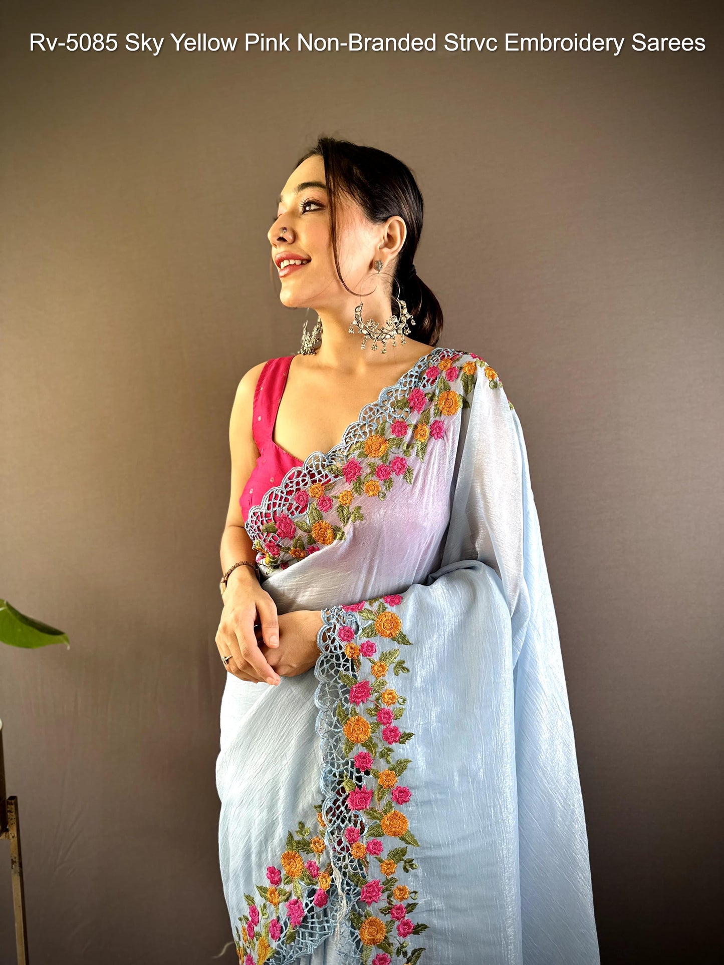 Rv-5085 Sky Yellow Pink Non-Branded Strvc Embroidery Sarees