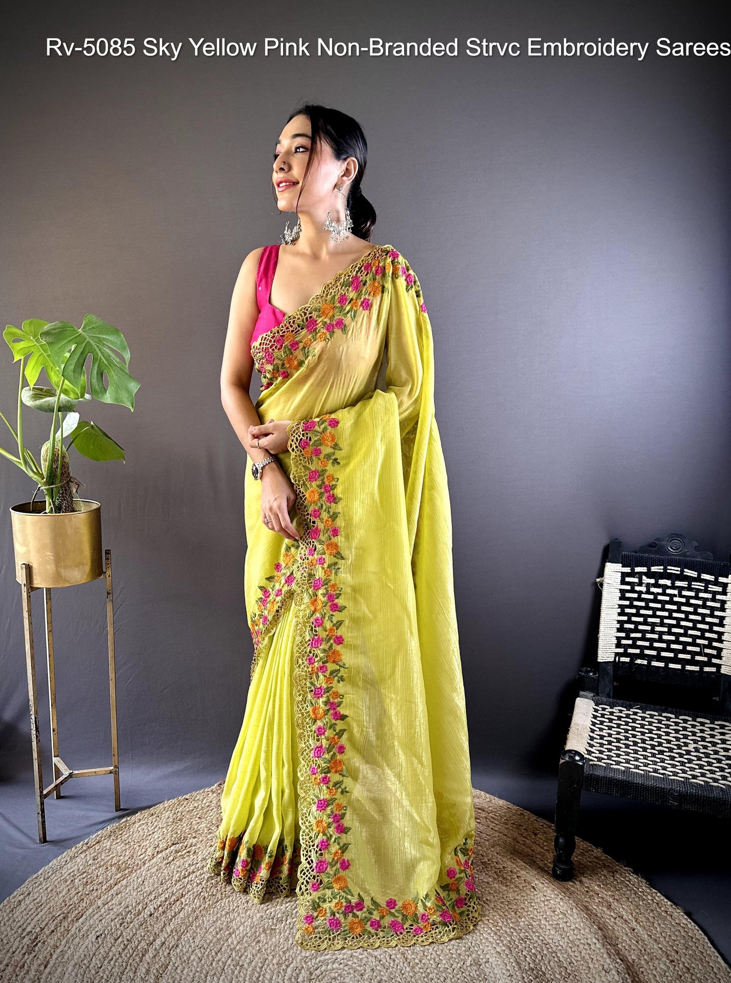 Rv-5085 Sky Yellow Pink Non-Branded Strvc Embroidery Sarees