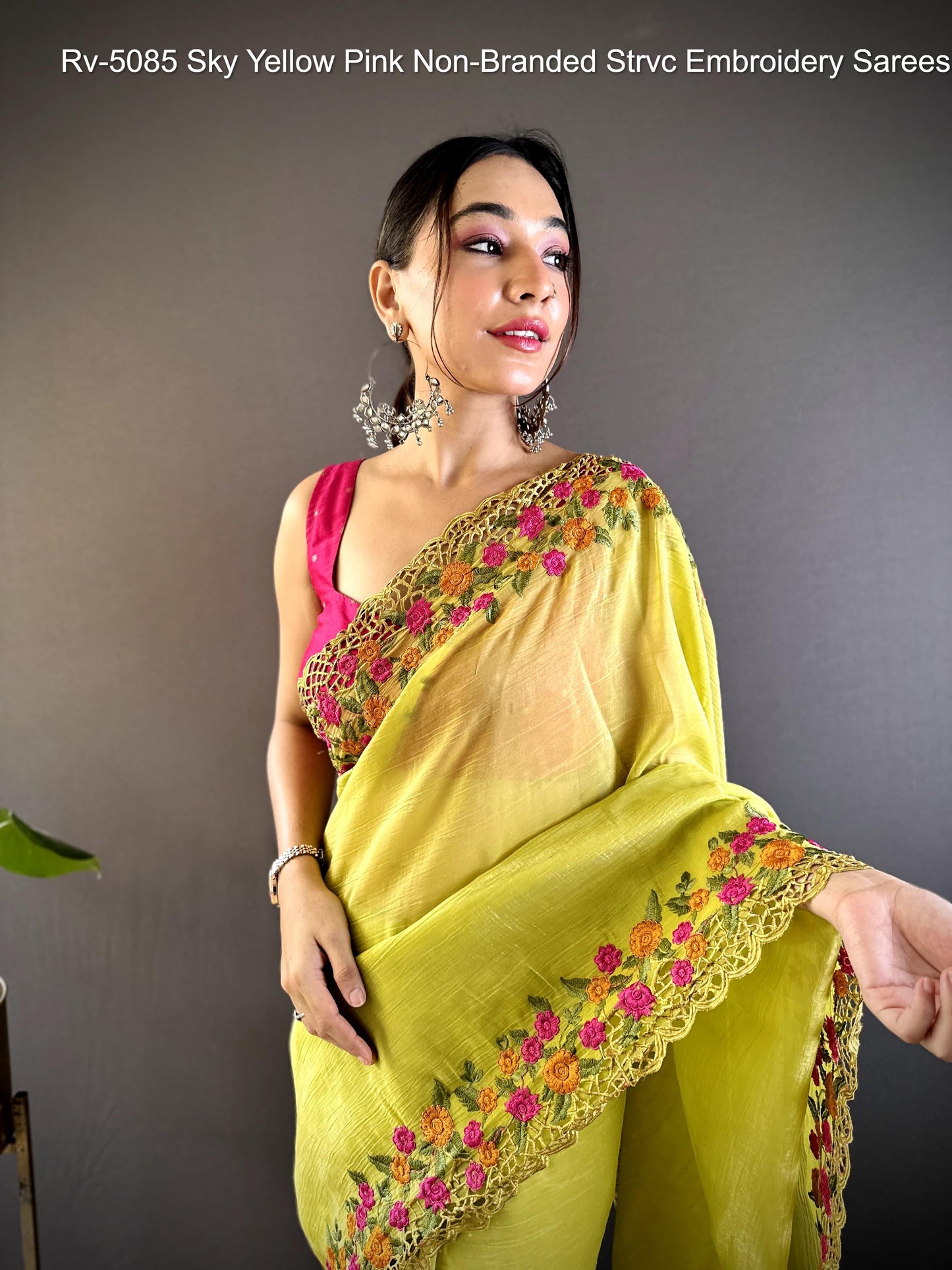Rv-5085 Sky Yellow Pink Non-Branded Strvc Embroidery Sarees