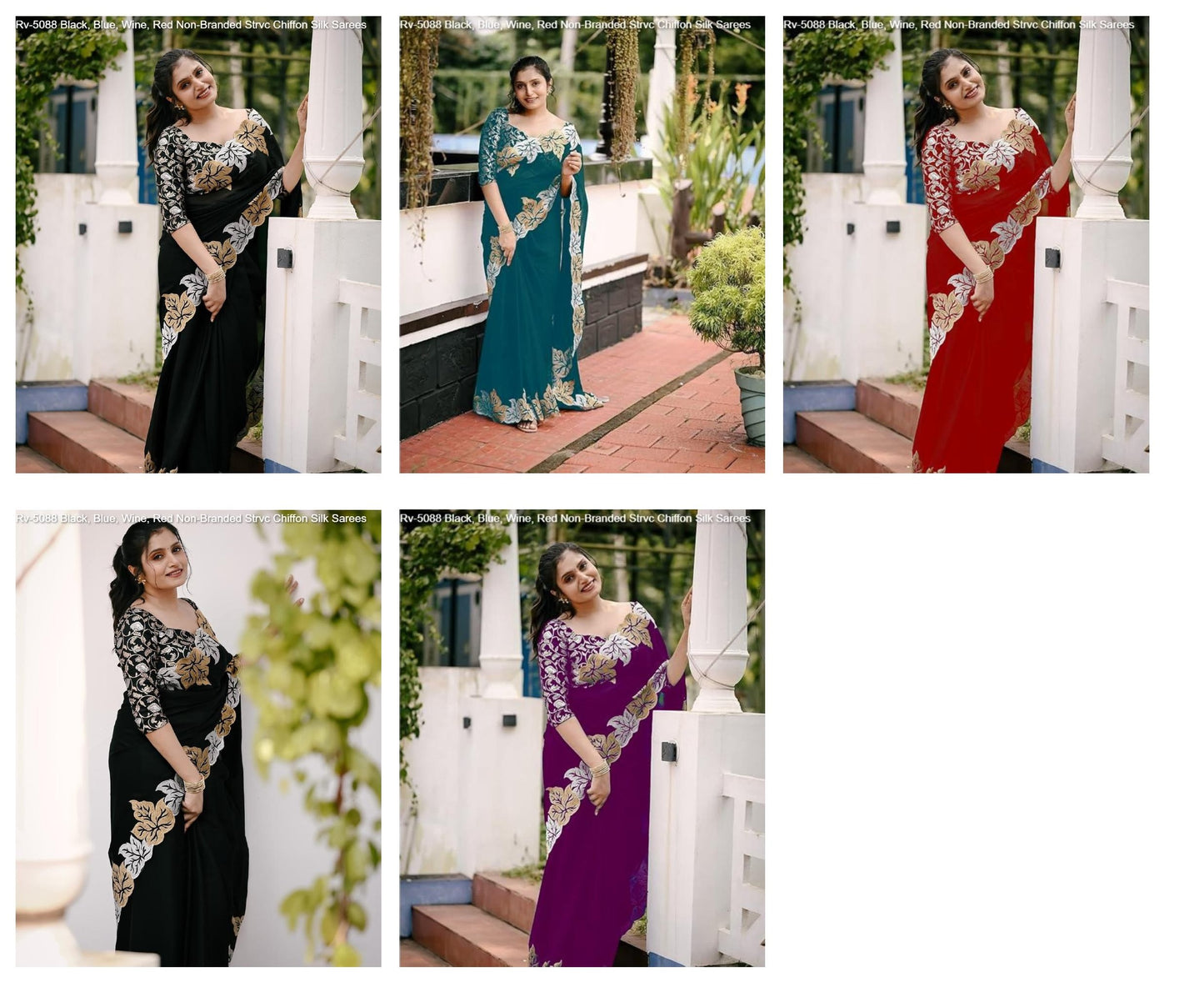 Rv-5088 Black, Blue, Wine, Red Non-Branded Strvc Chiffon Silk Sarees