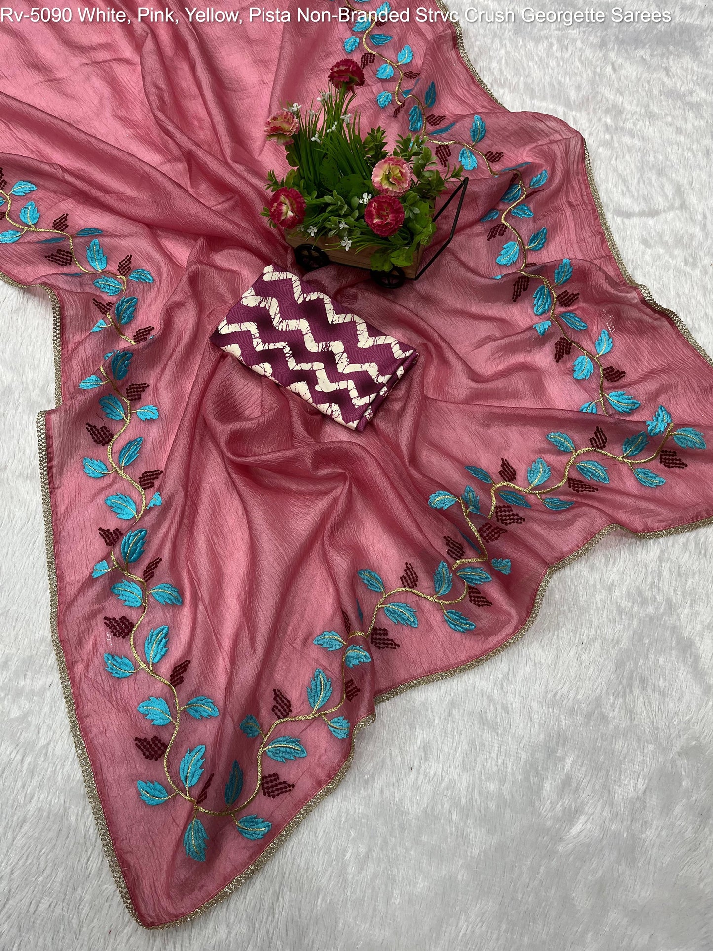 Rv-5090 White, Pink, Yellow, Pista Non-Branded Strvc Crush Georgette Sarees