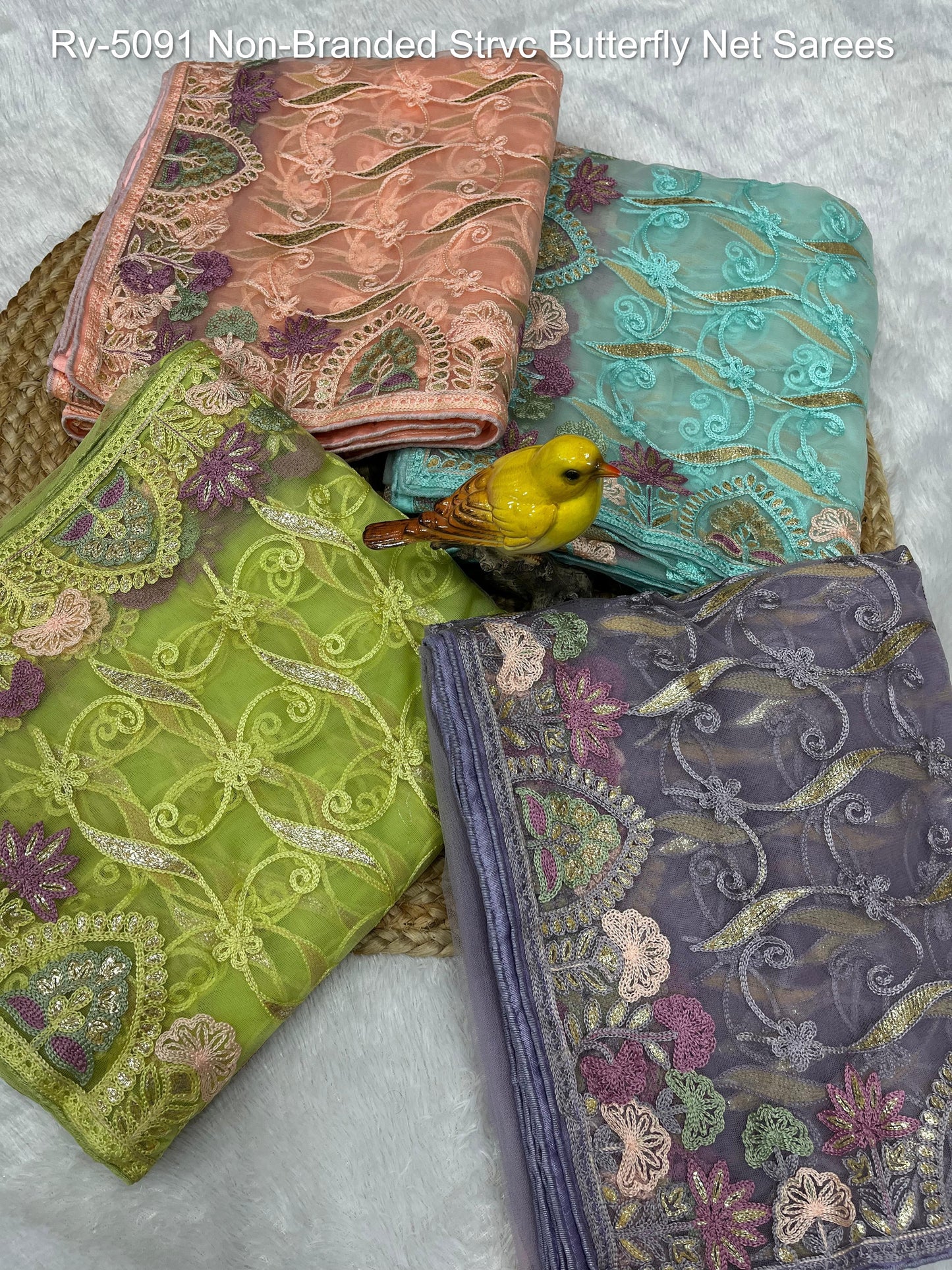 Rv-5091 Velly Green Lemon Green Peach Purple Non-Branded Strvc Butterfly Net Sarees