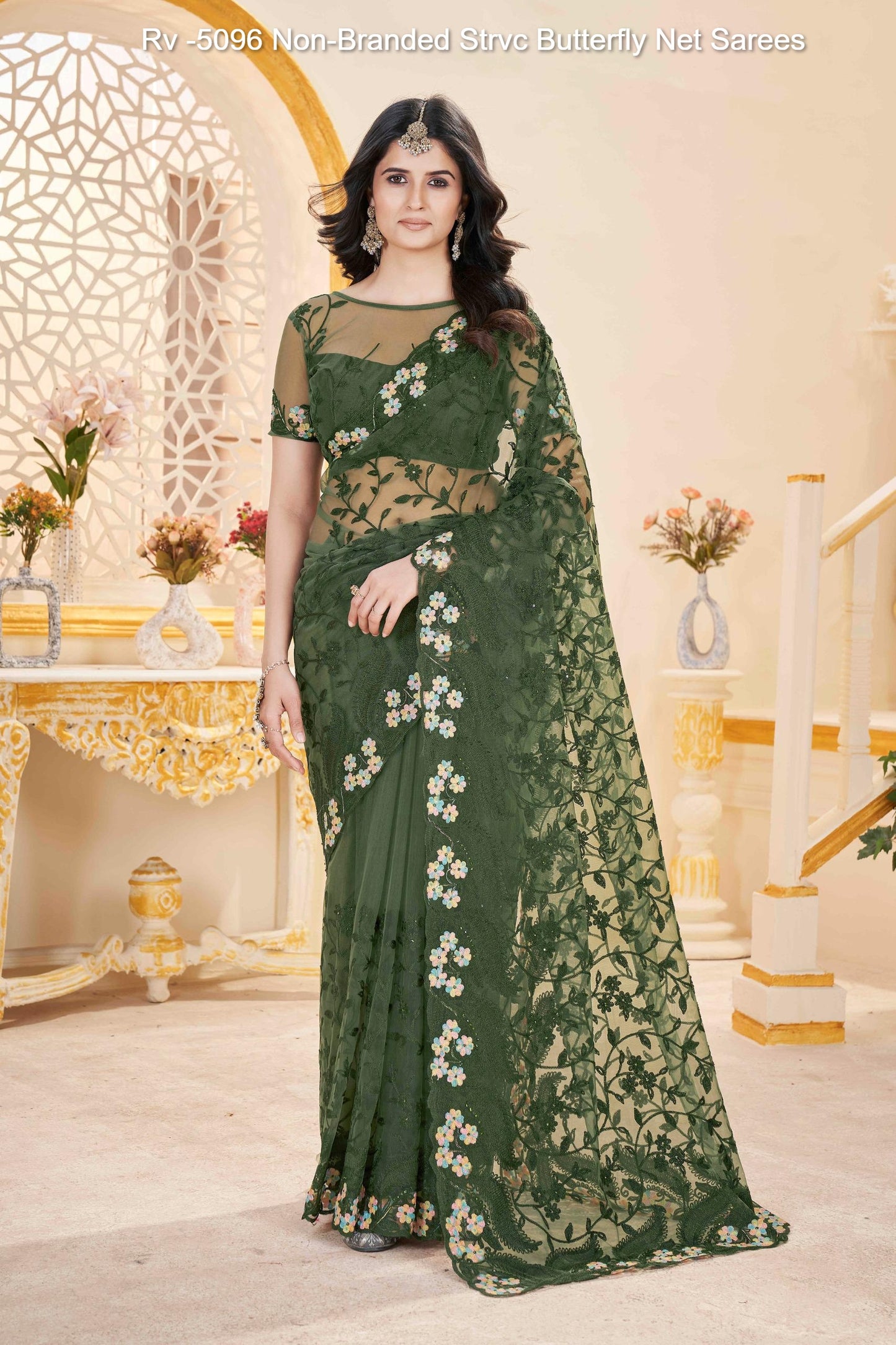 Rv -5096 Non-Branded Strvc Butterfly Net Sarees