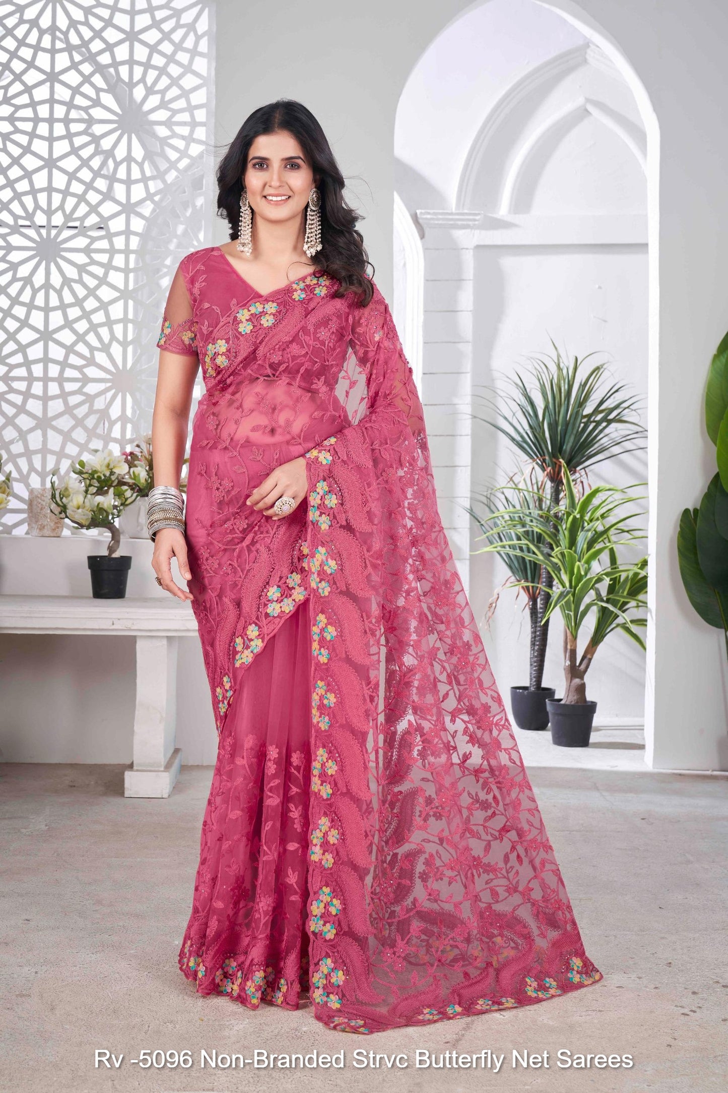 Rv -5096 Non-Branded Strvc Butterfly Net Sarees
