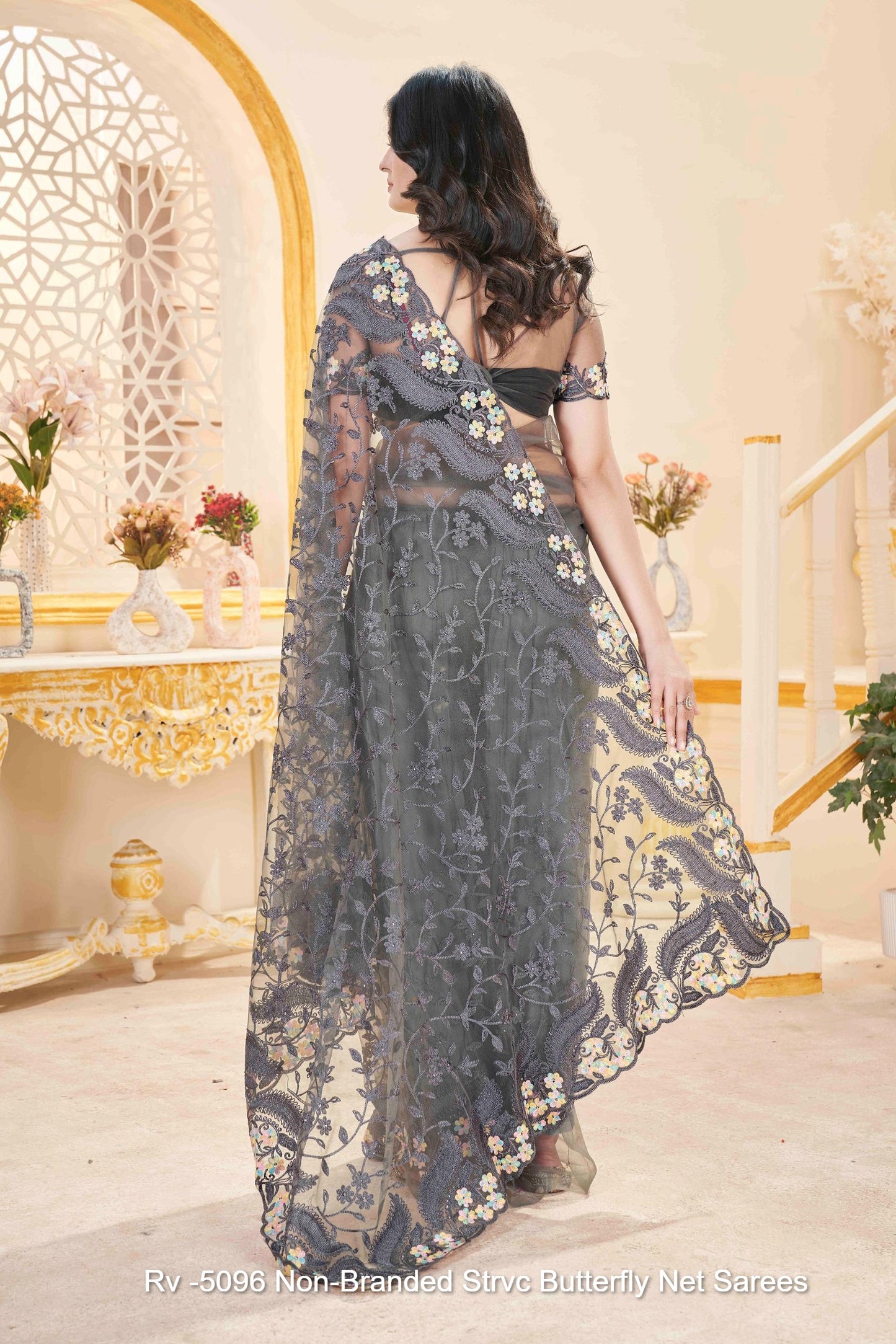 Rv -5096 Non-Branded Strvc Butterfly Net Sarees