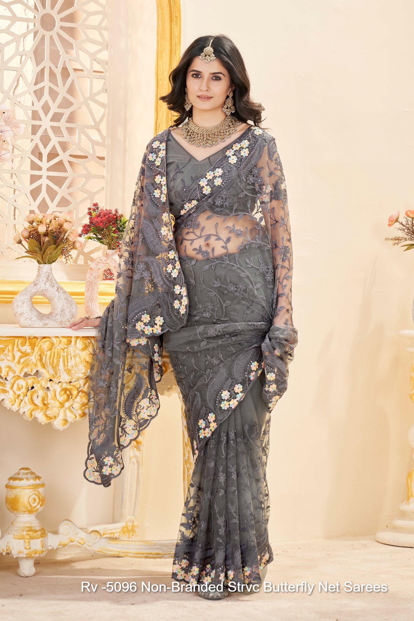Rv -5096 Non-Branded Strvc Butterfly Net Sarees