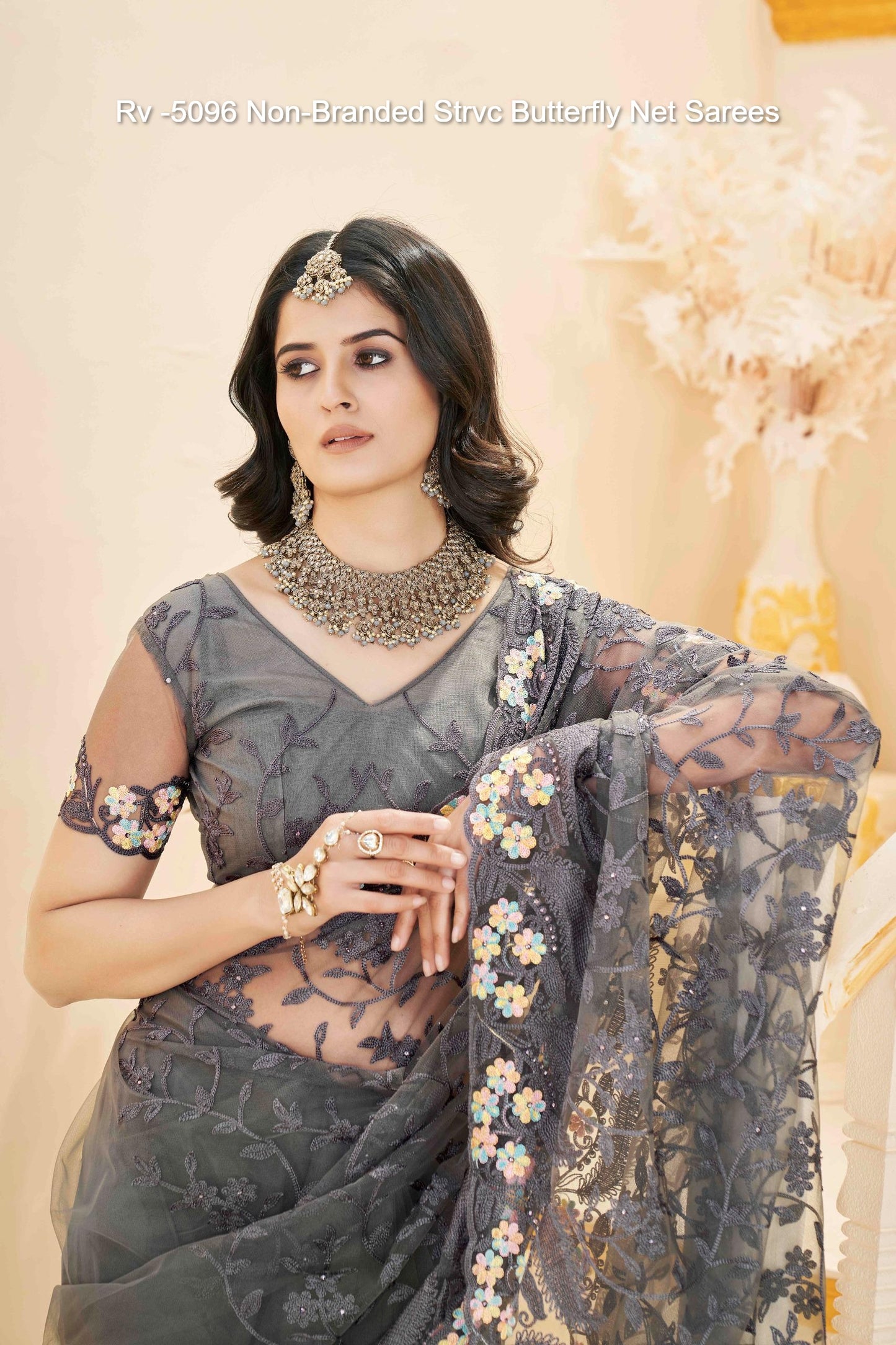 Rv -5096 Non-Branded Strvc Butterfly Net Sarees
