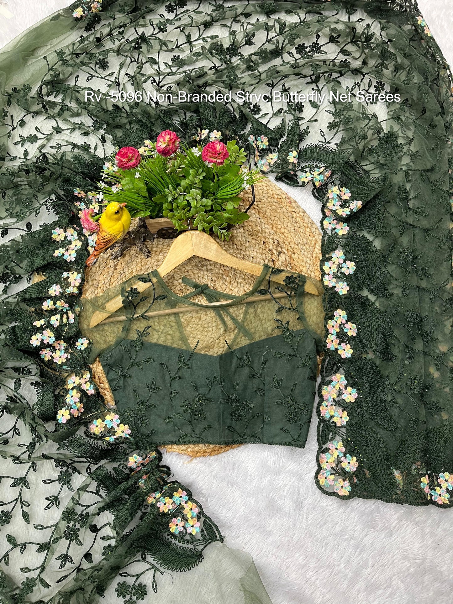 Rv -5096 Non-Branded Strvc Butterfly Net Sarees