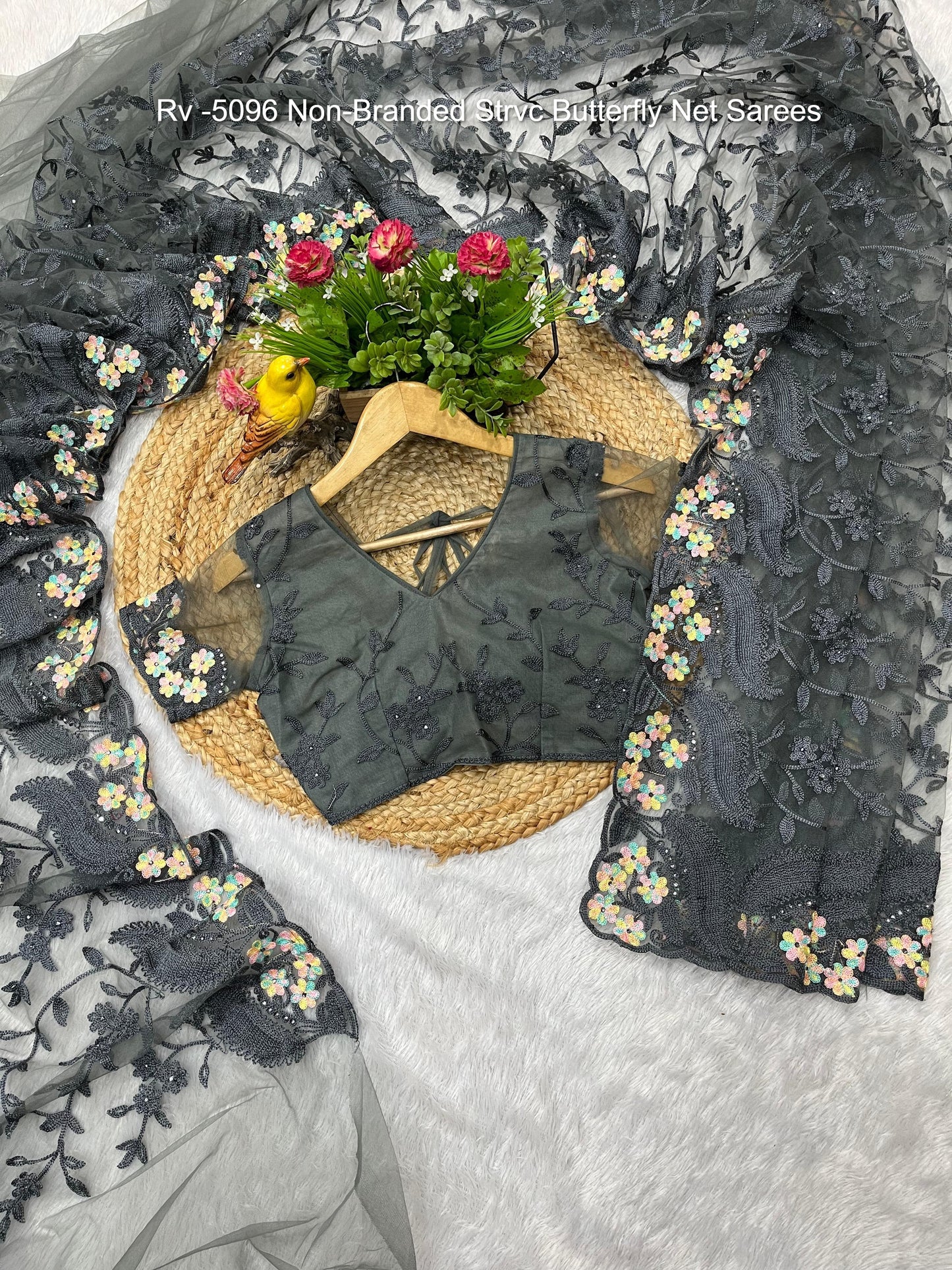 Rv -5096 Non-Branded Strvc Butterfly Net Sarees