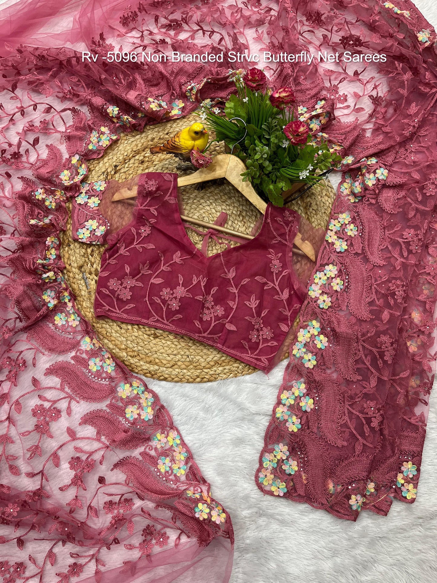 Rv -5096 Non-Branded Strvc Butterfly Net Sarees