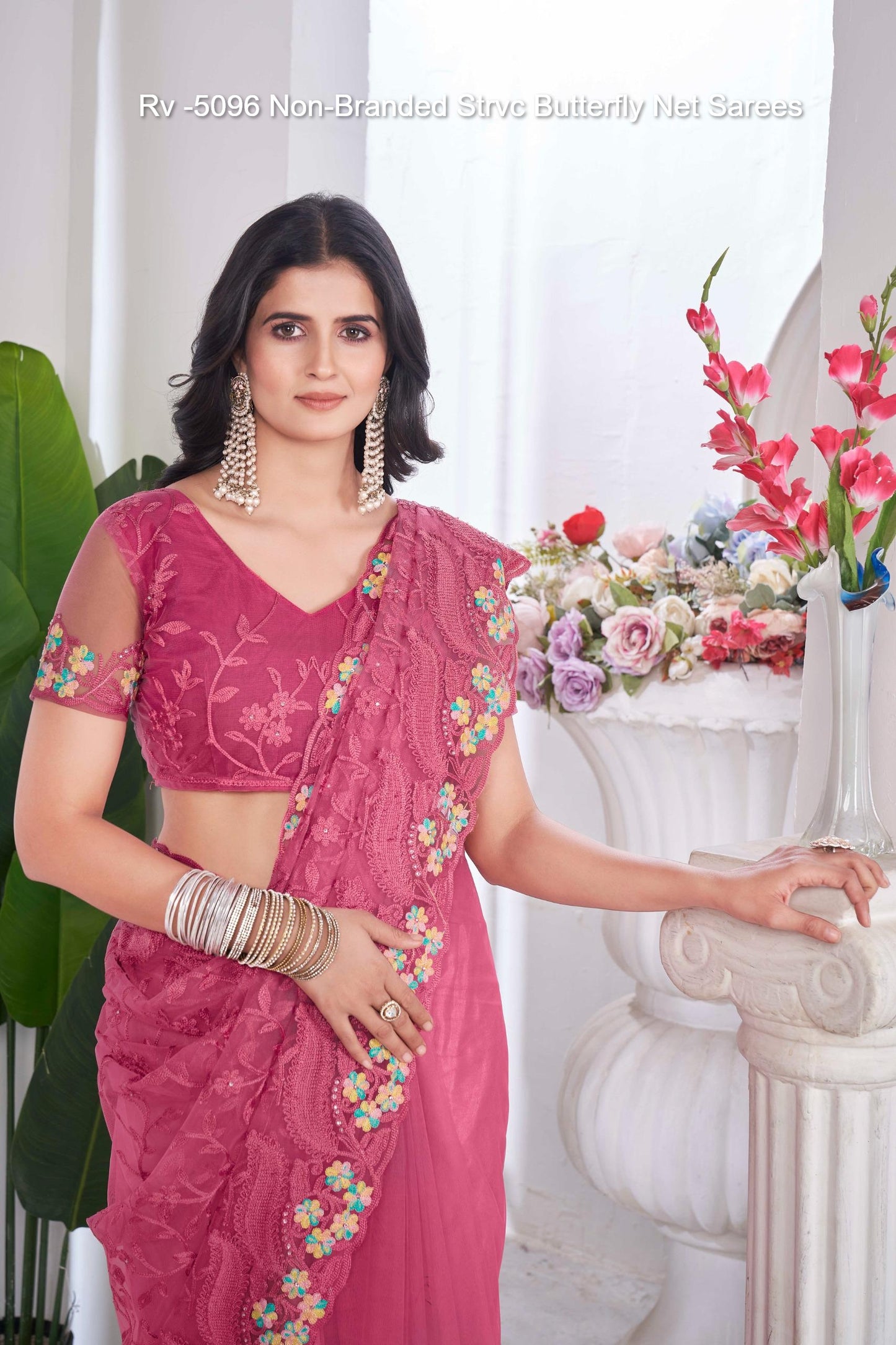 Rv -5096 Non-Branded Strvc Butterfly Net Sarees