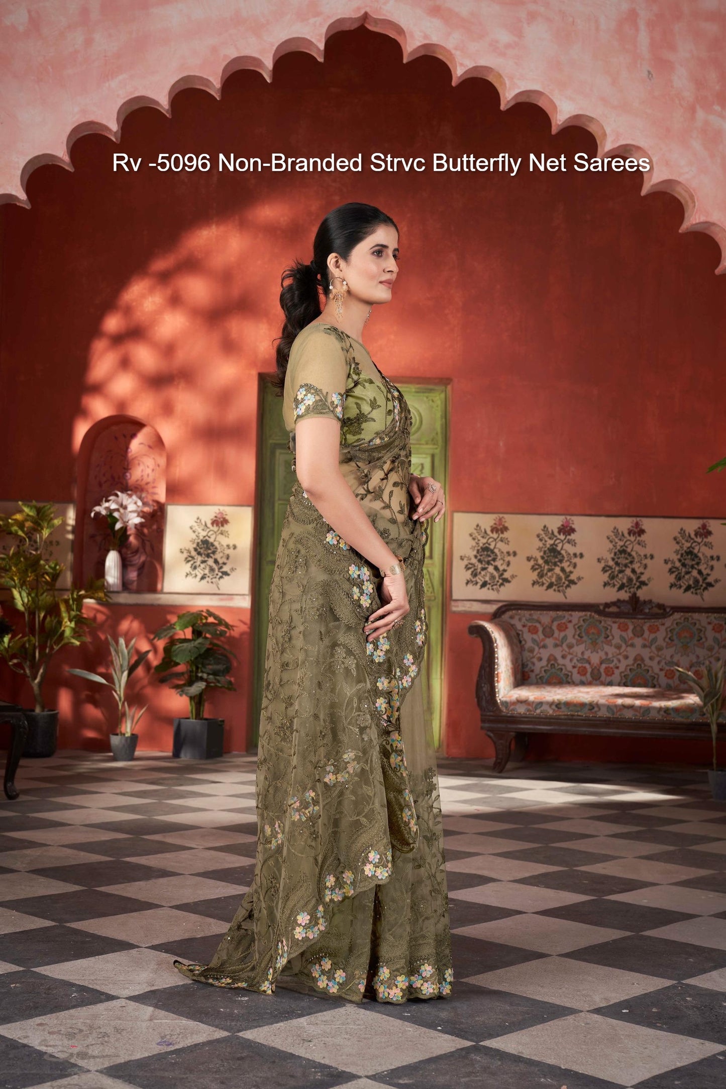 Rv -5096 Non-Branded Strvc Butterfly Net Sarees