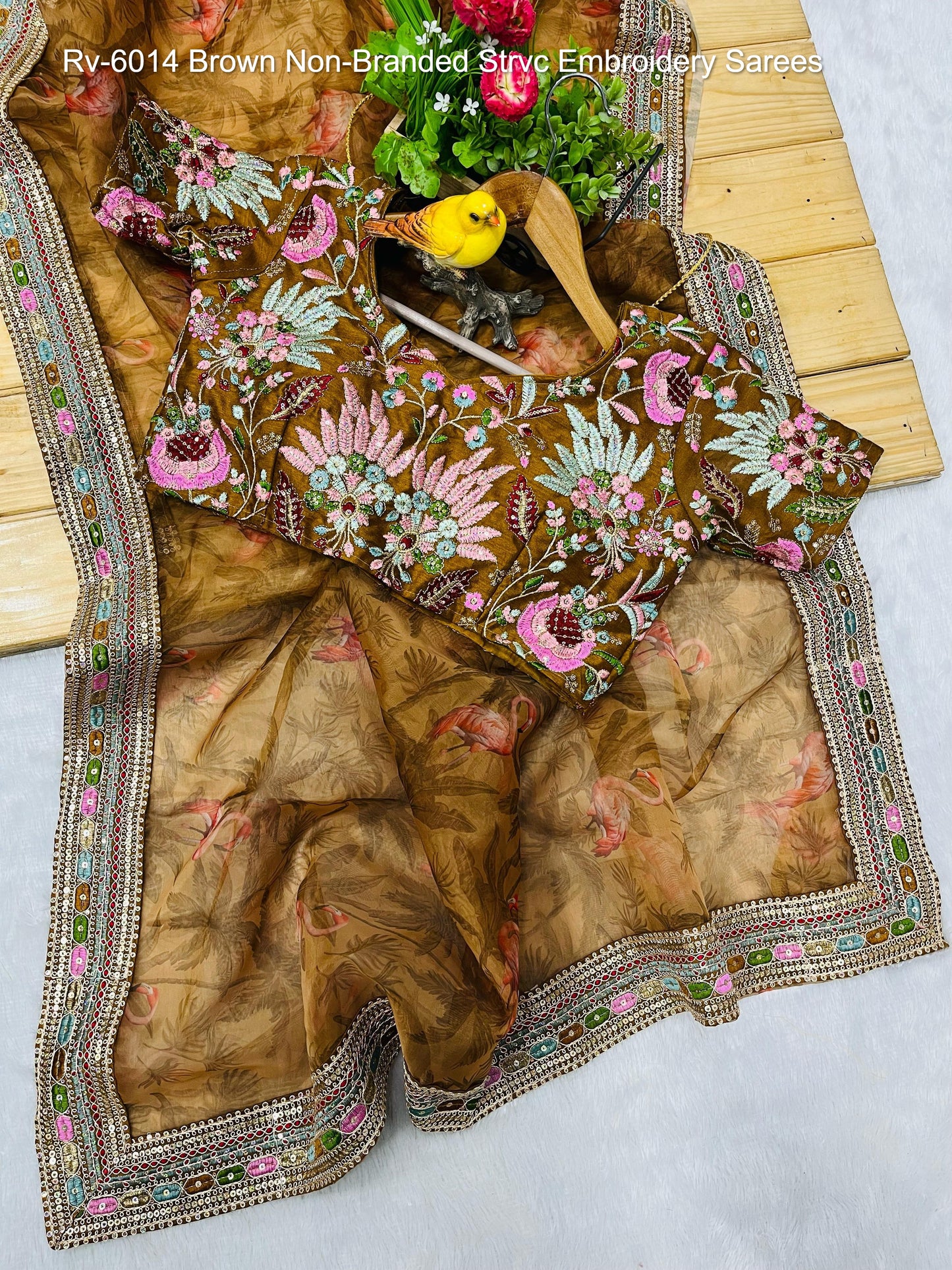 Rv-6014 Brown Non-Branded Strvc Embroidery Sarees