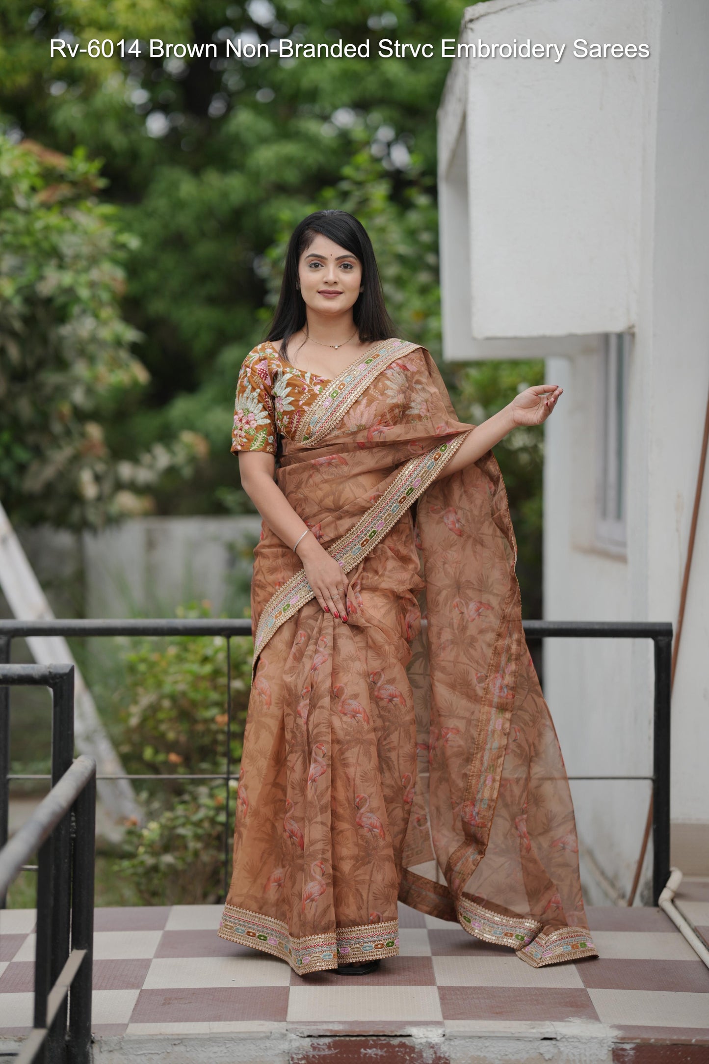 Rv-6014 Brown Non-Branded Strvc Embroidery Sarees