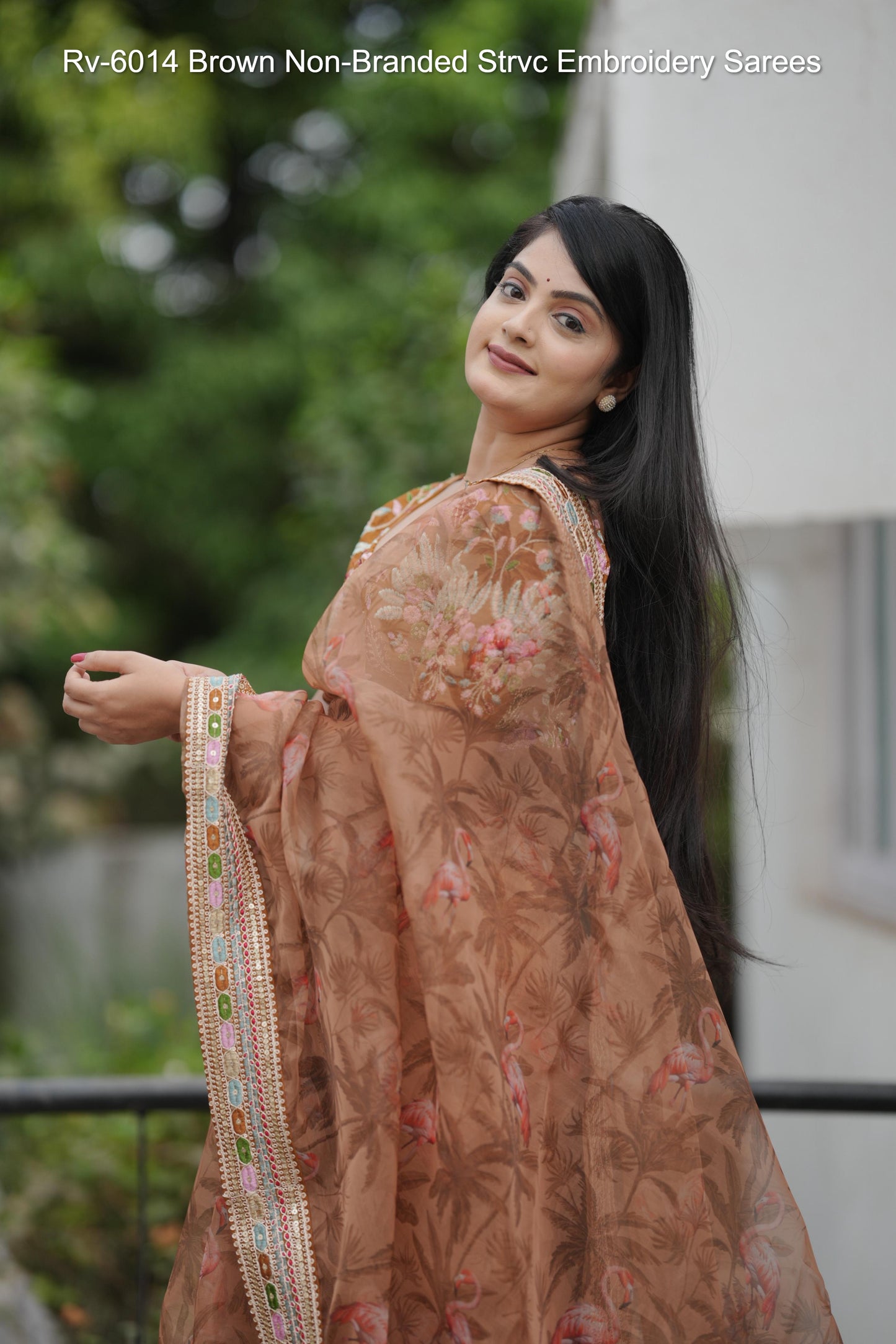 Rv-6014 Brown Non-Branded Strvc Embroidery Sarees