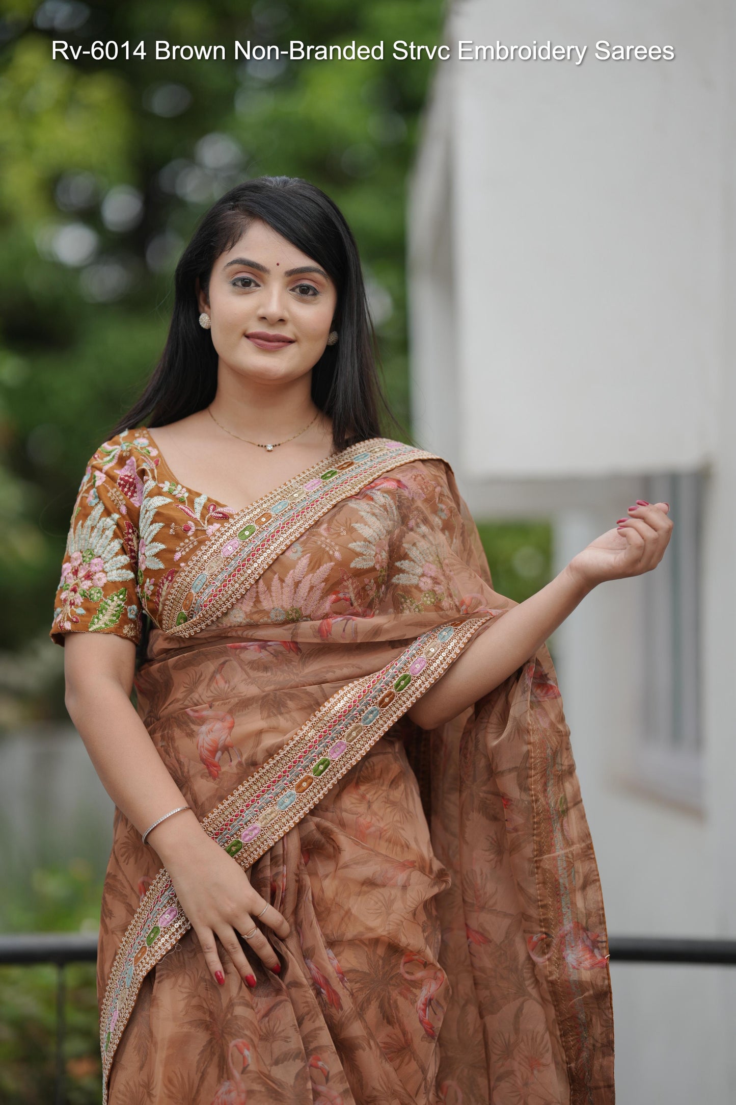 Rv-6014 Brown Non-Branded Strvc Embroidery Sarees