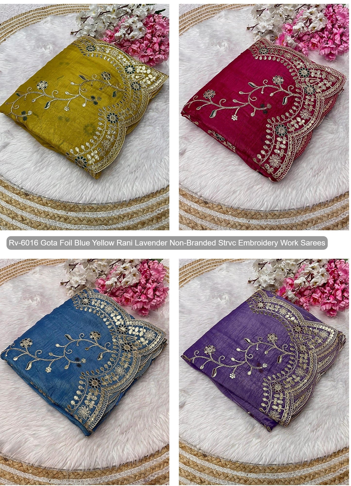 Rv-6016 Gota Foil Blue Yellow Rani Lavender Non-Branded Strvc Embroidery Work Sarees