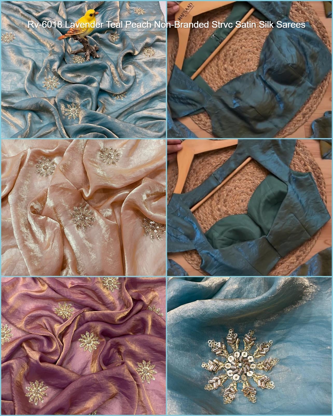 Rv-6018 Lavender Teal Peach Non-Branded Strvc Satin Silk Sarees