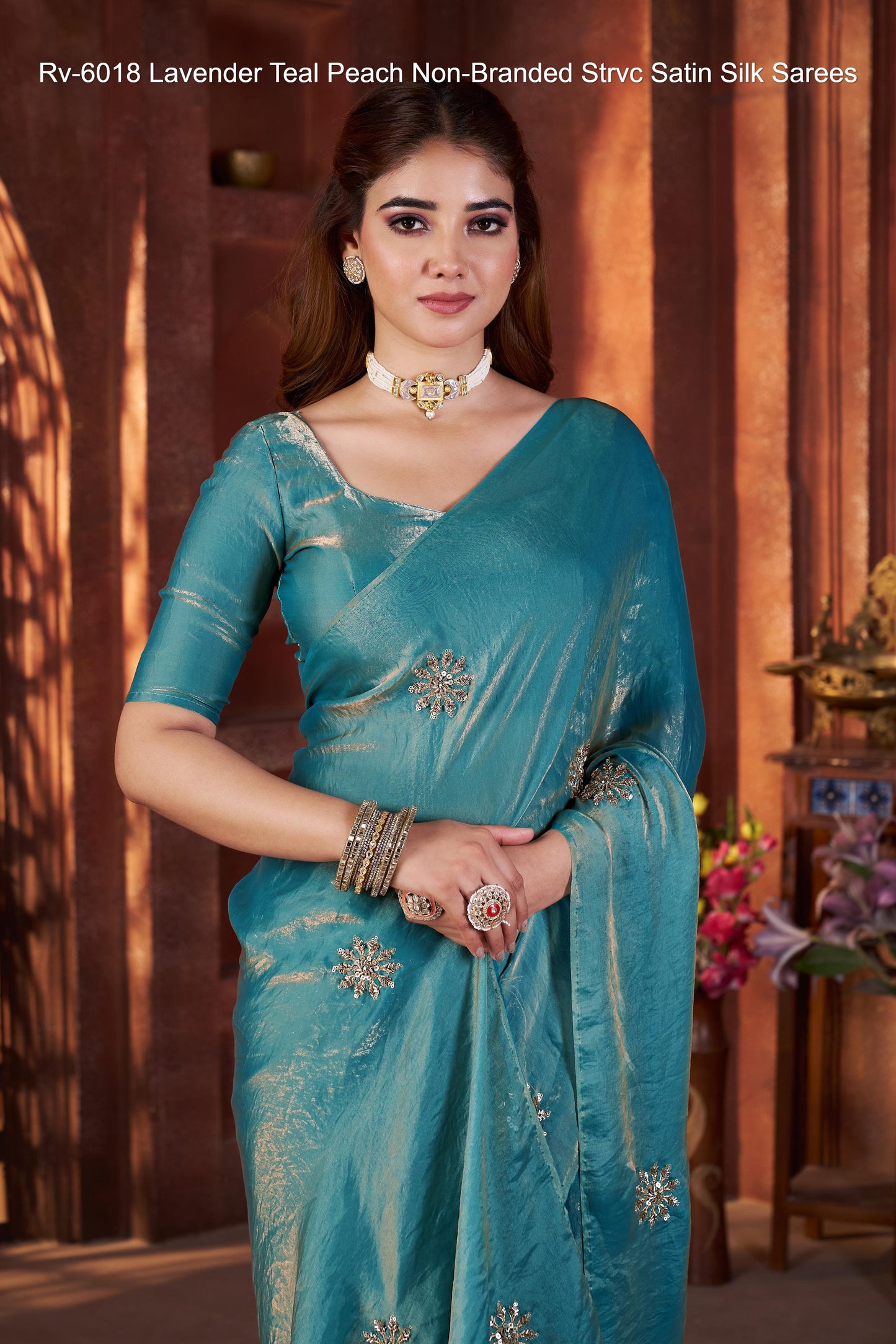 Rv-6018 Lavender Teal Peach Non-Branded Strvc Satin Silk Sarees