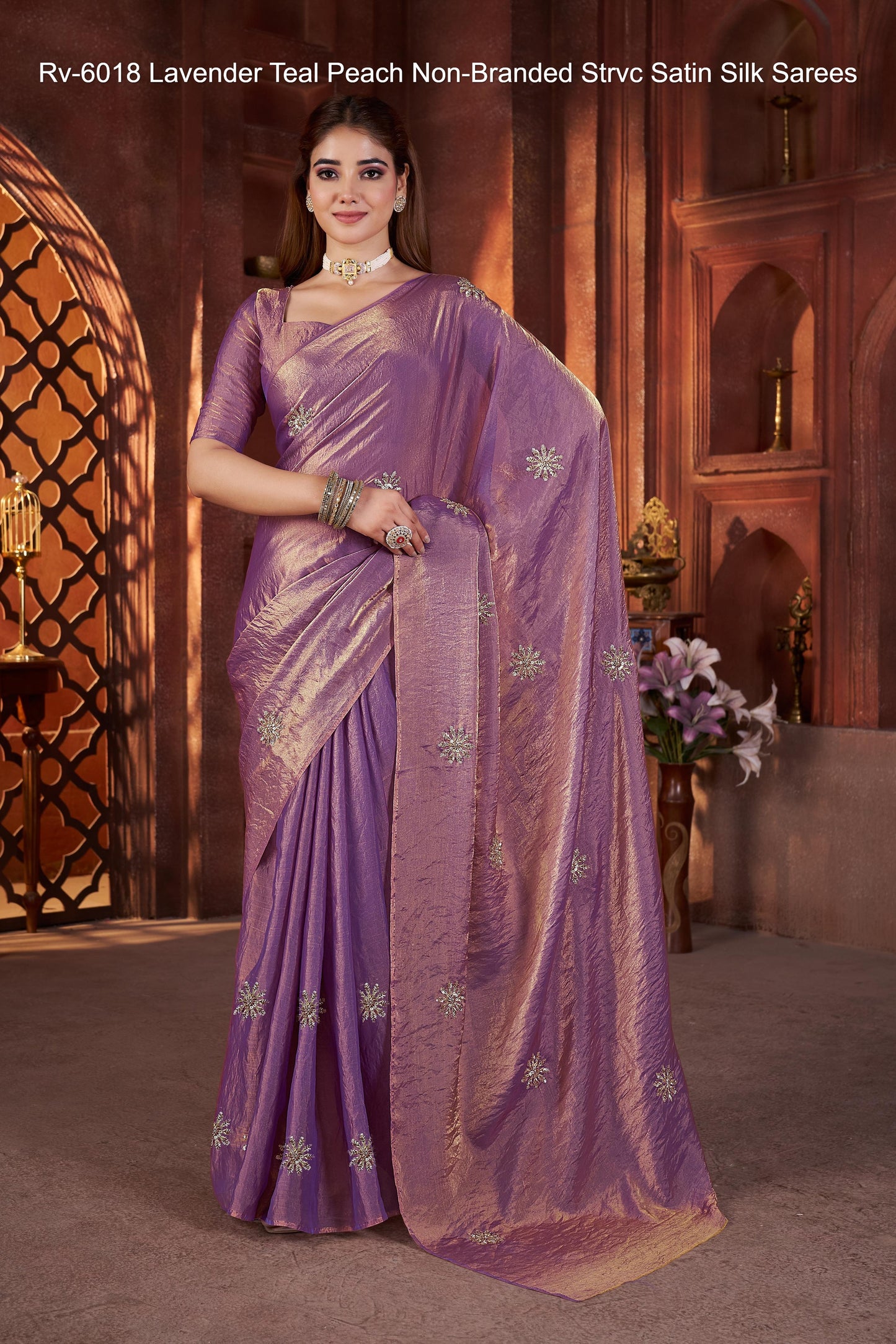Rv-6018 Lavender Teal Peach Non-Branded Strvc Satin Silk Sarees