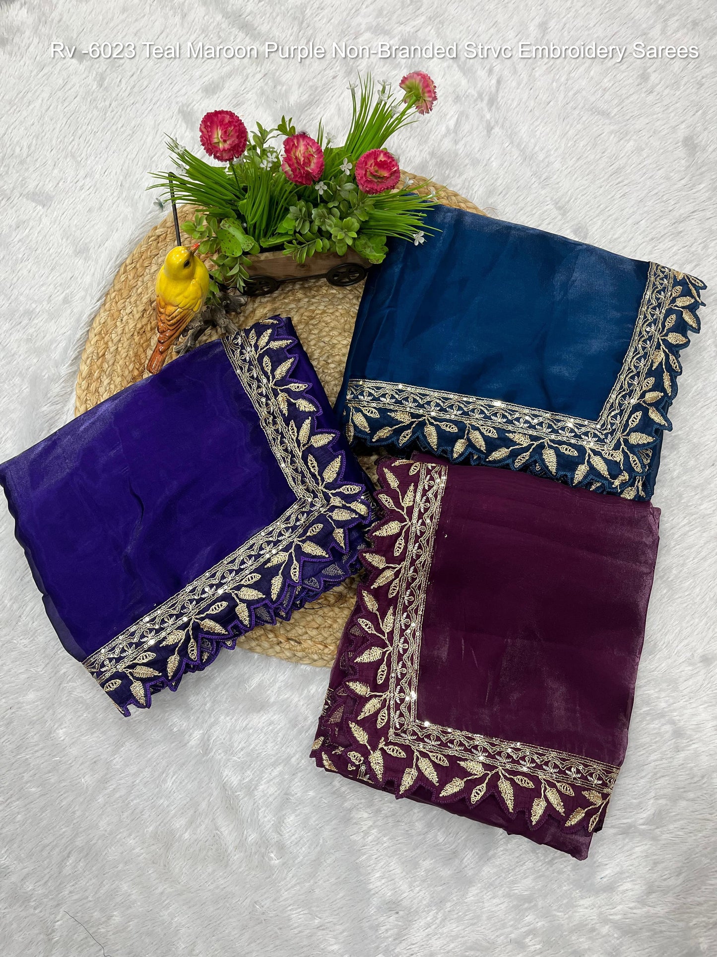 Rv -6023 Teal Maroon Purple Non-Branded Strvc Embroidery Sarees