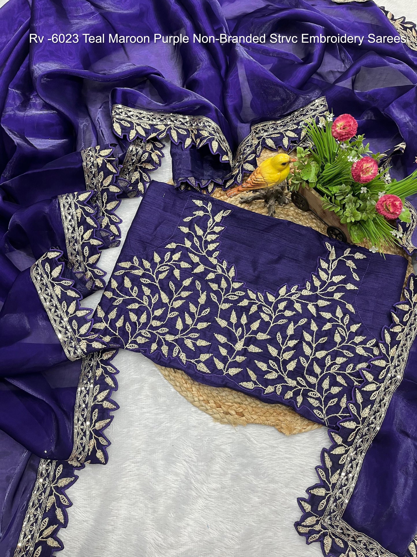 Rv -6023 Teal Maroon Purple Non-Branded Strvc Embroidery Sarees