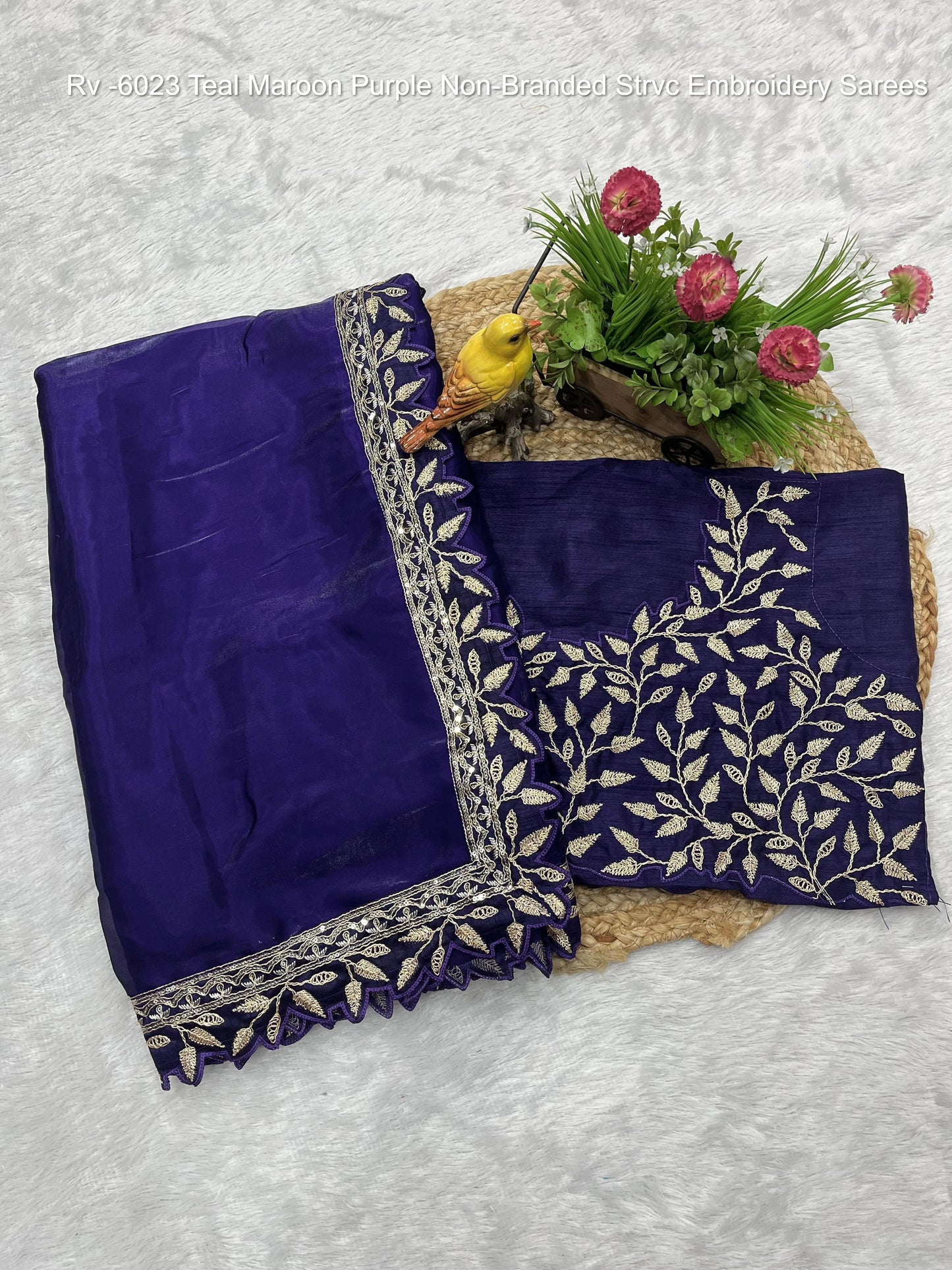 Rv -6023 Teal Maroon Purple Non-Branded Strvc Embroidery Sarees