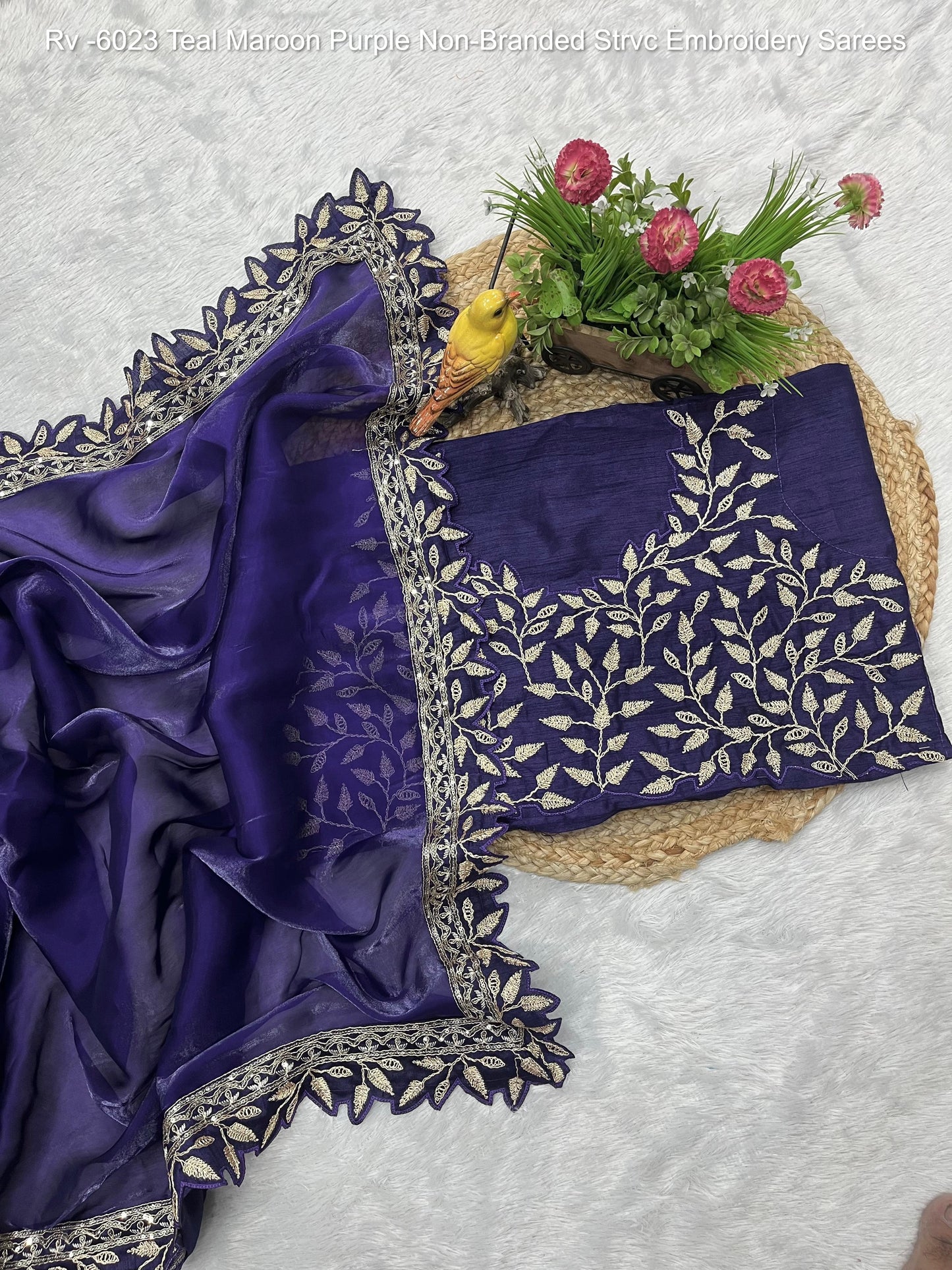 Rv -6023 Teal Maroon Purple Non-Branded Strvc Embroidery Sarees