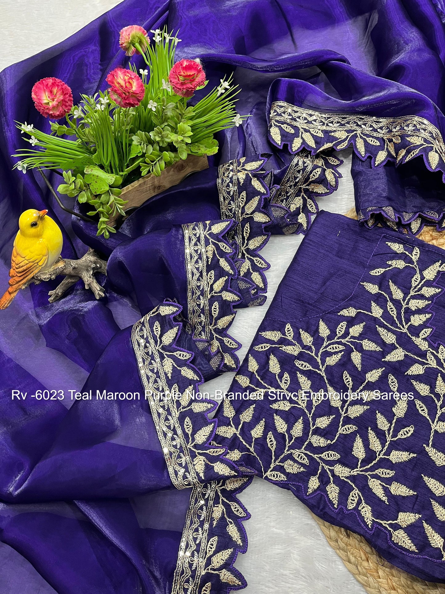 Rv -6023 Teal Maroon Purple Non-Branded Strvc Embroidery Sarees