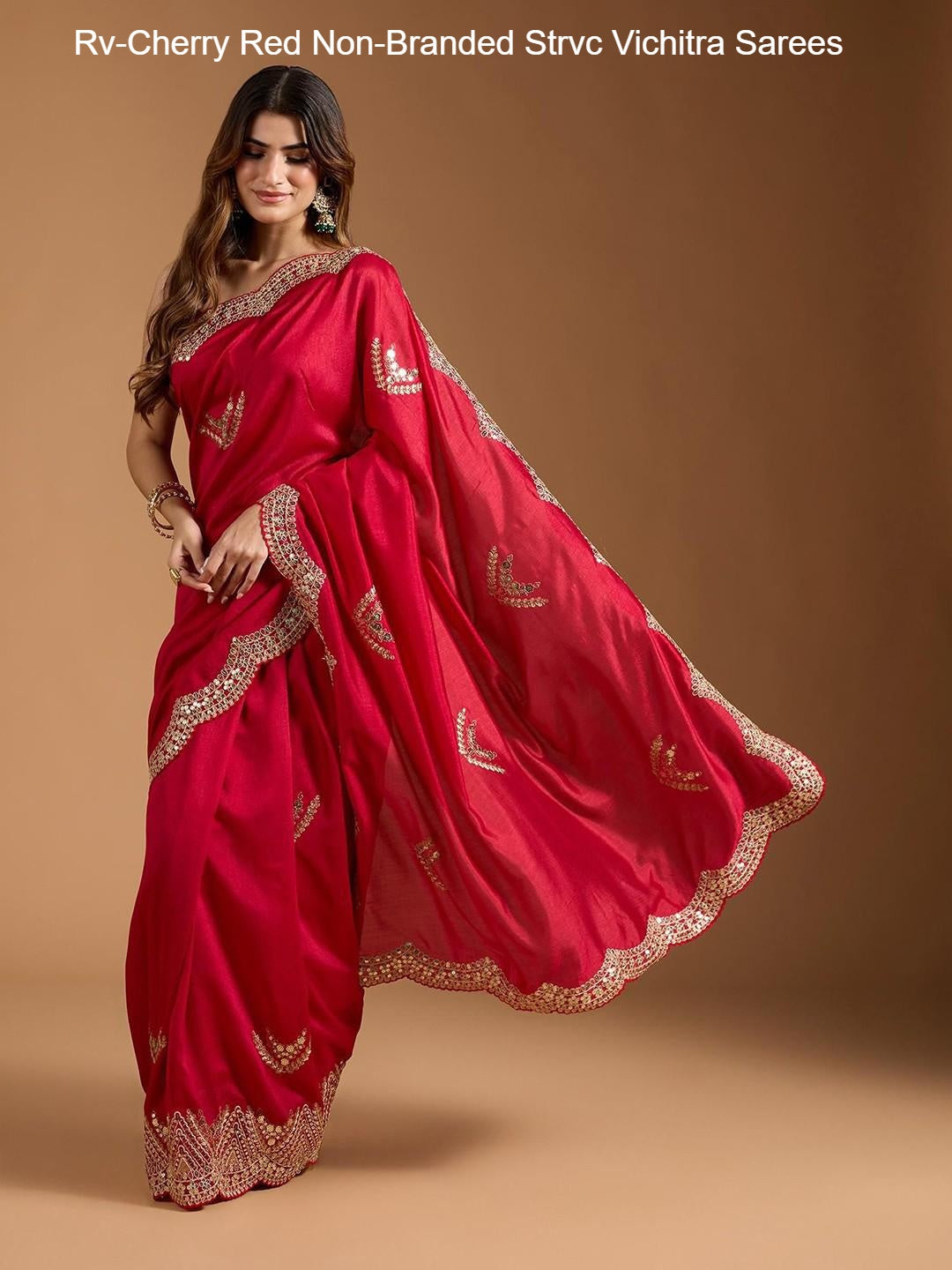 Rv-Cherry Red Non-Branded Strvc Vichitra Sarees