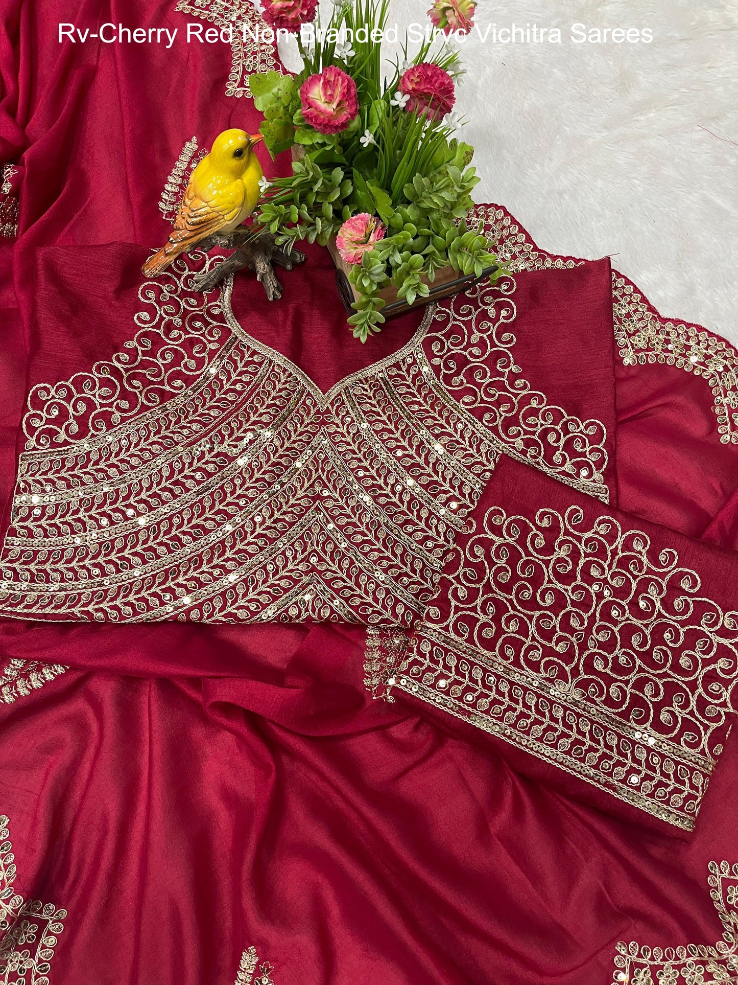 Rv-Cherry Red Non-Branded Strvc Vichitra Sarees