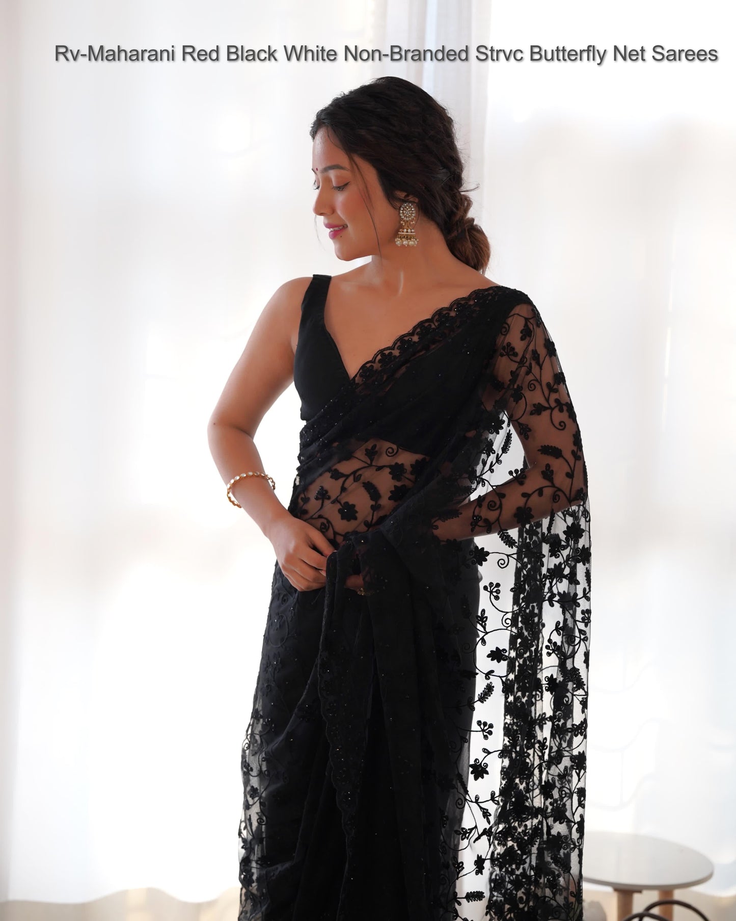 Rv-Maharani Red Black White Non-Branded Strvc Butterfly Net Sarees
