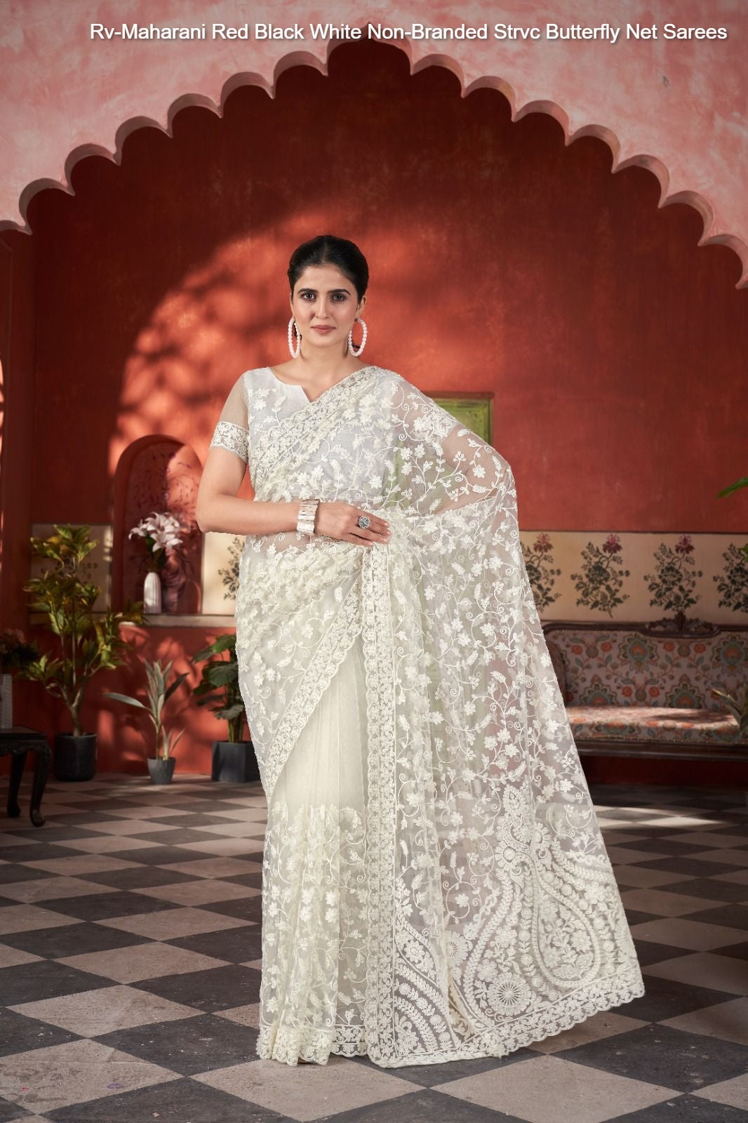 Rv-Maharani Red Black White Non-Branded Strvc Butterfly Net Sarees