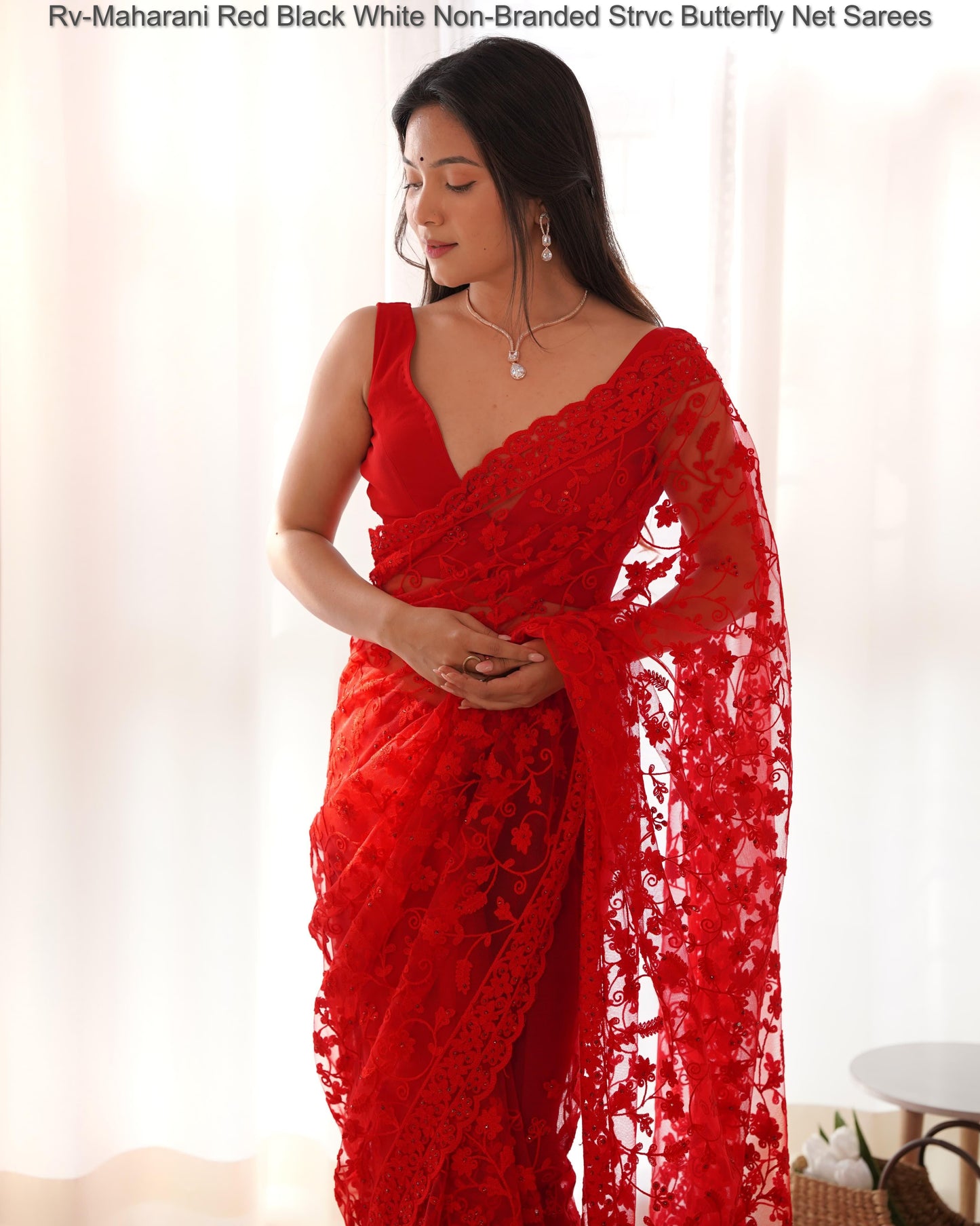 Rv-Maharani Red Black White Non-Branded Strvc Butterfly Net Sarees