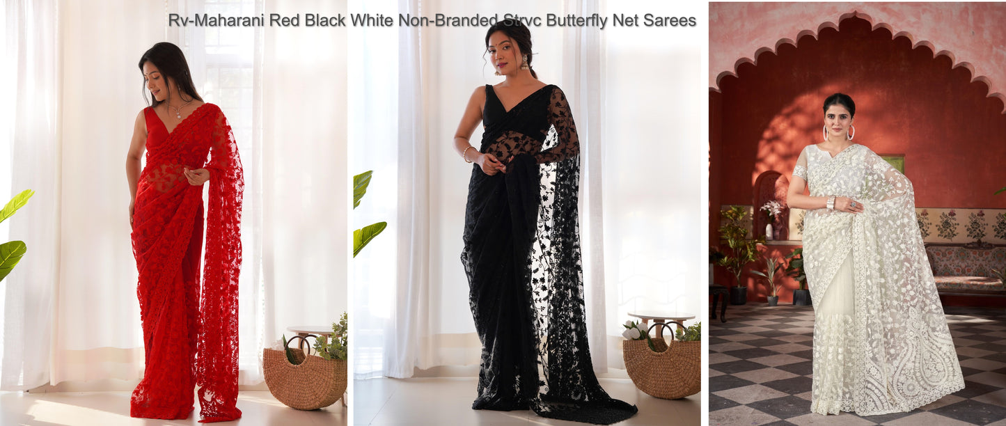Rv-Maharani Red Black White Non-Branded Strvc Butterfly Net Sarees