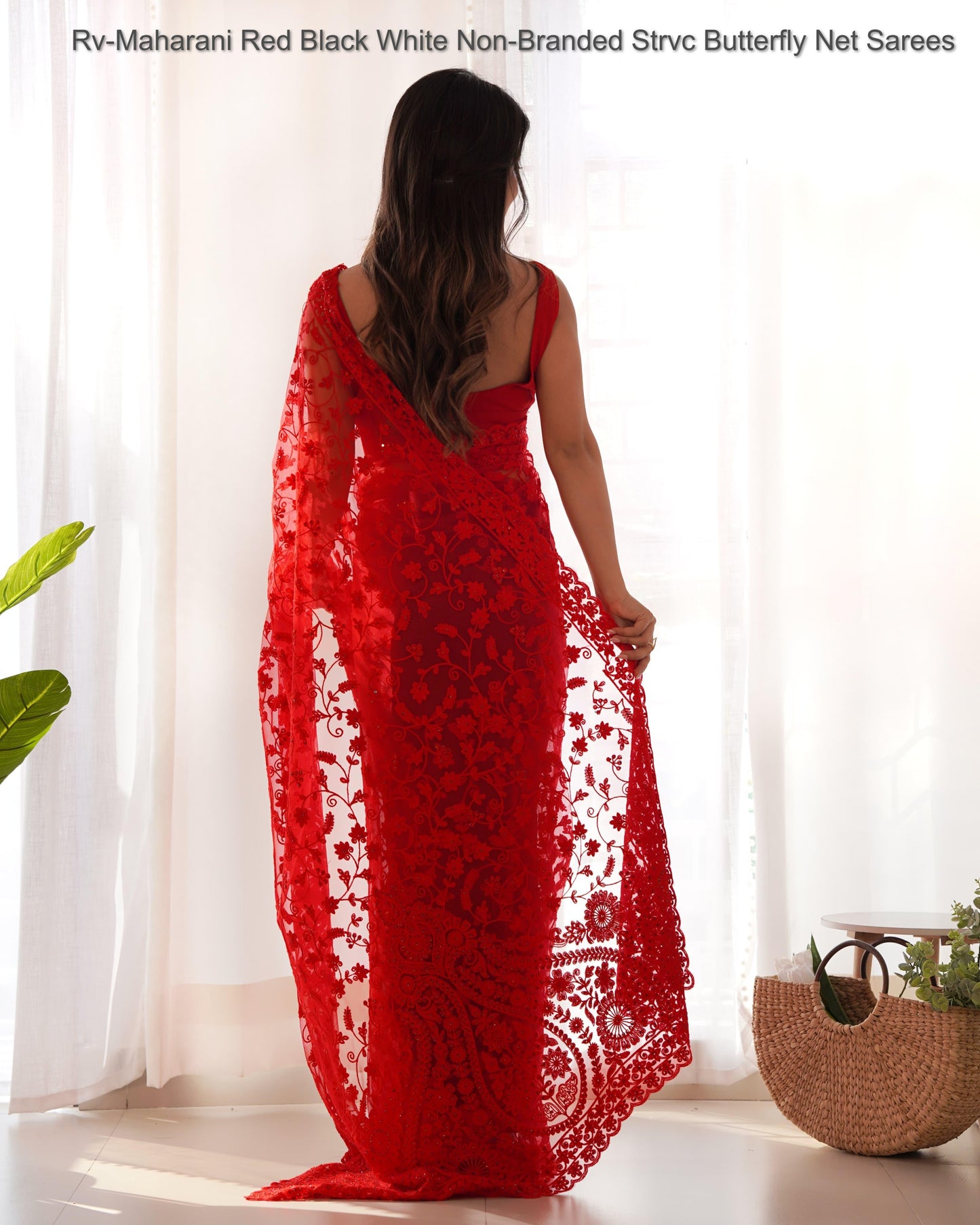Rv-Maharani Red Black White Non-Branded Strvc Butterfly Net Sarees
