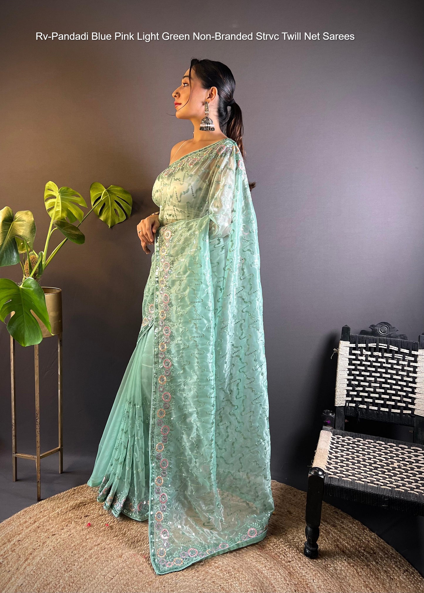 Rv-Pandadi Blue Pink Light Green Non-Branded Strvc Twill Net Sarees