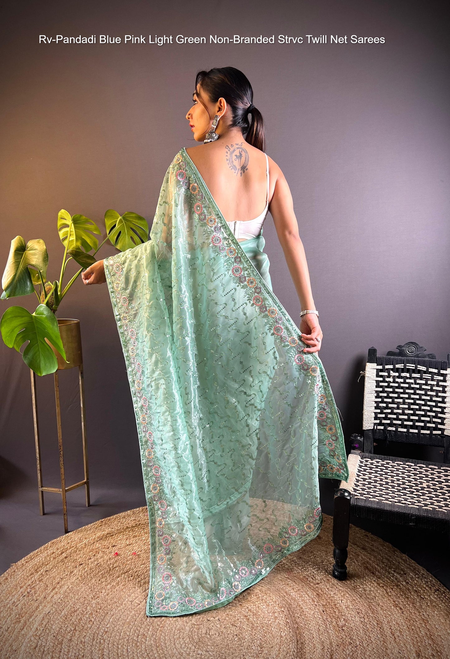 Rv-Pandadi Blue Pink Light Green Non-Branded Strvc Twill Net Sarees