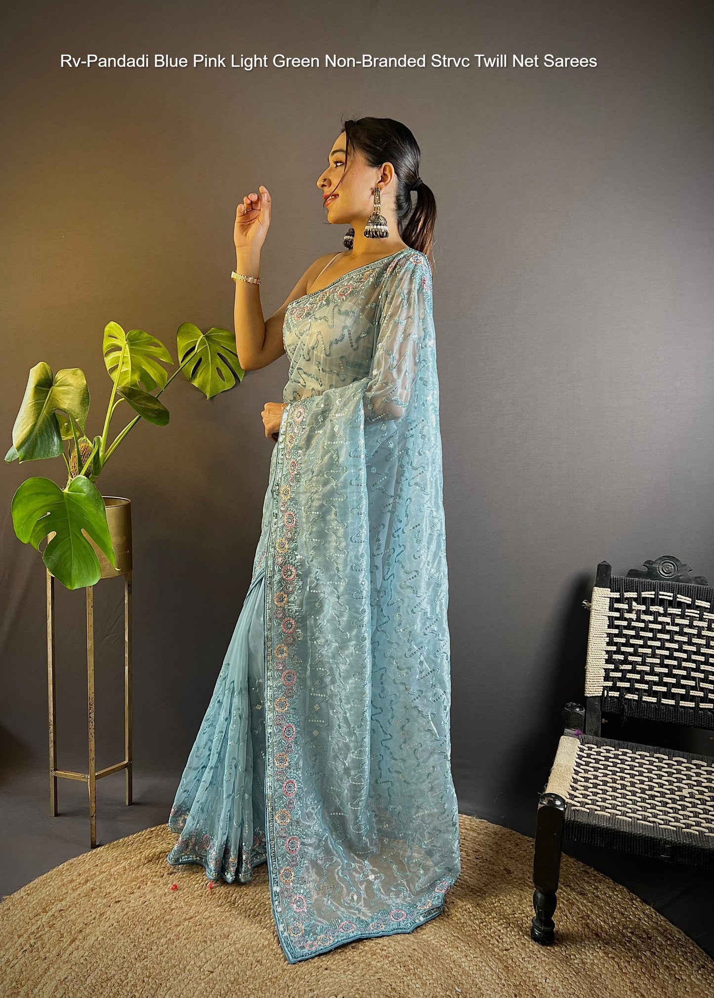 Rv-Pandadi Blue Pink Light Green Non-Branded Strvc Twill Net Sarees