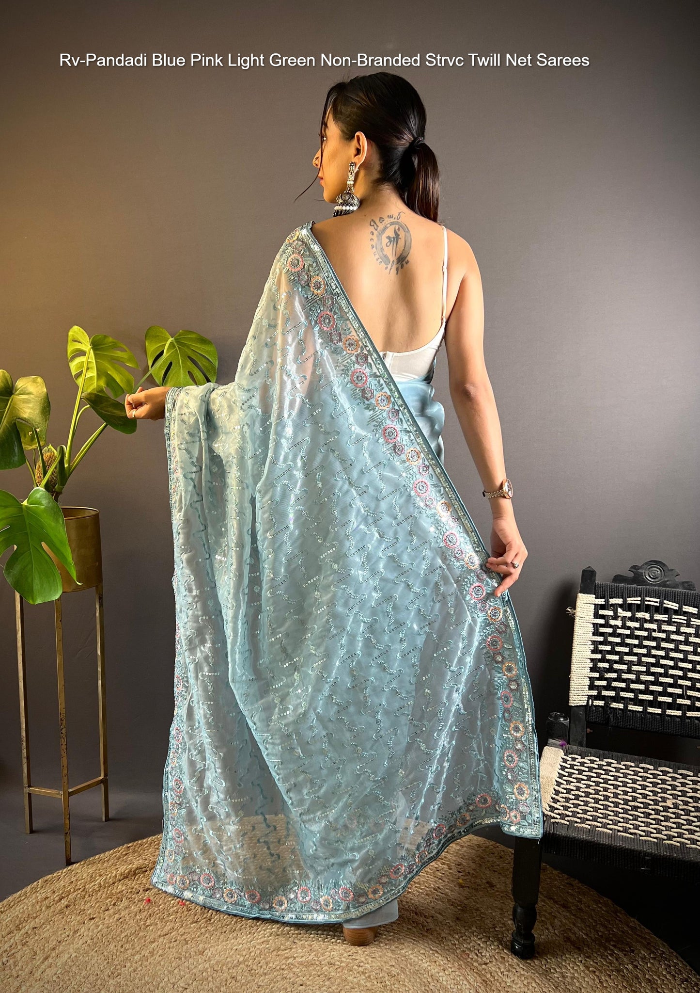 Rv-Pandadi Blue Pink Light Green Non-Branded Strvc Twill Net Sarees