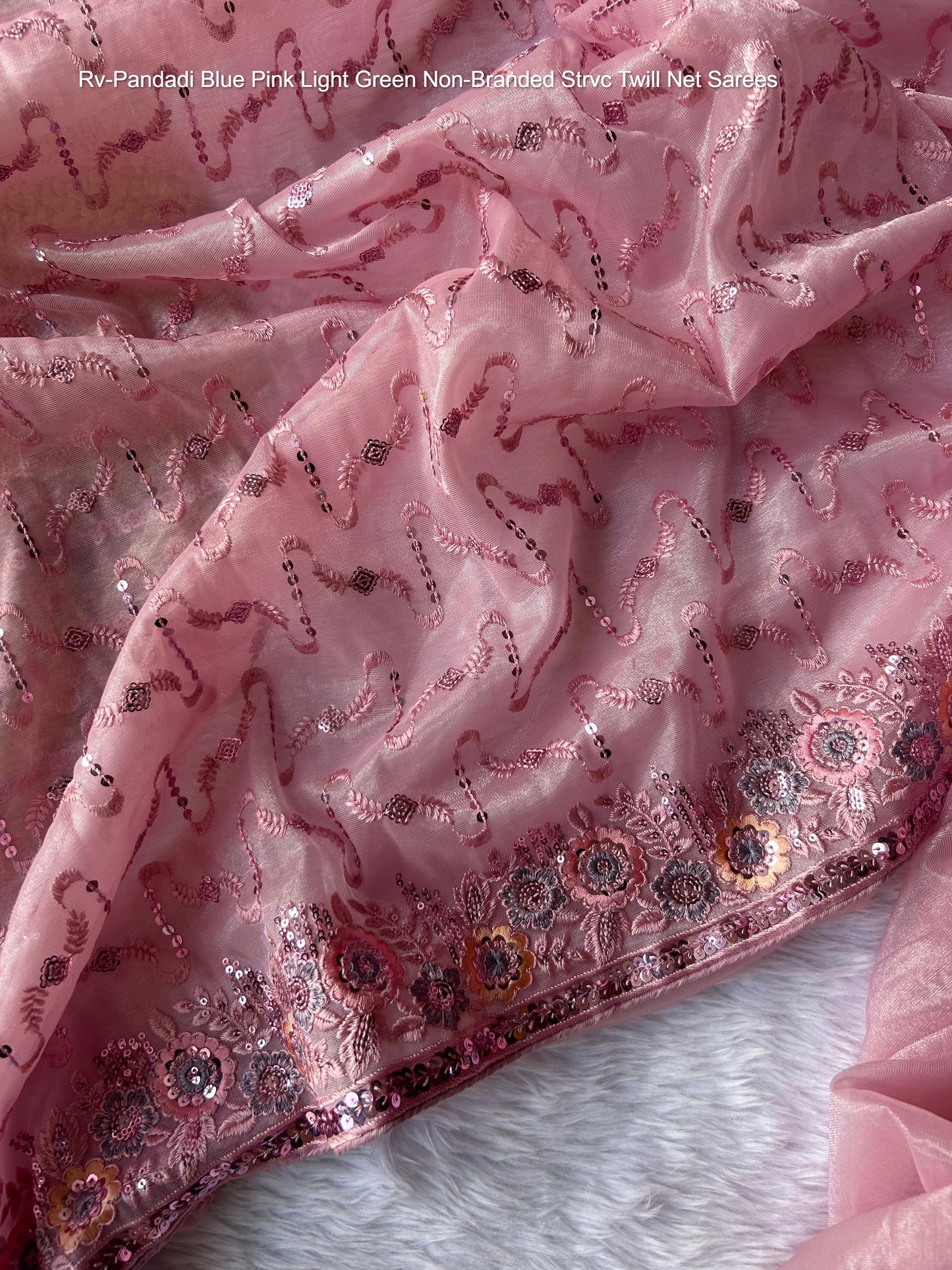 Rv-Pandadi Blue Pink Light Green Non-Branded Strvc Twill Net Sarees