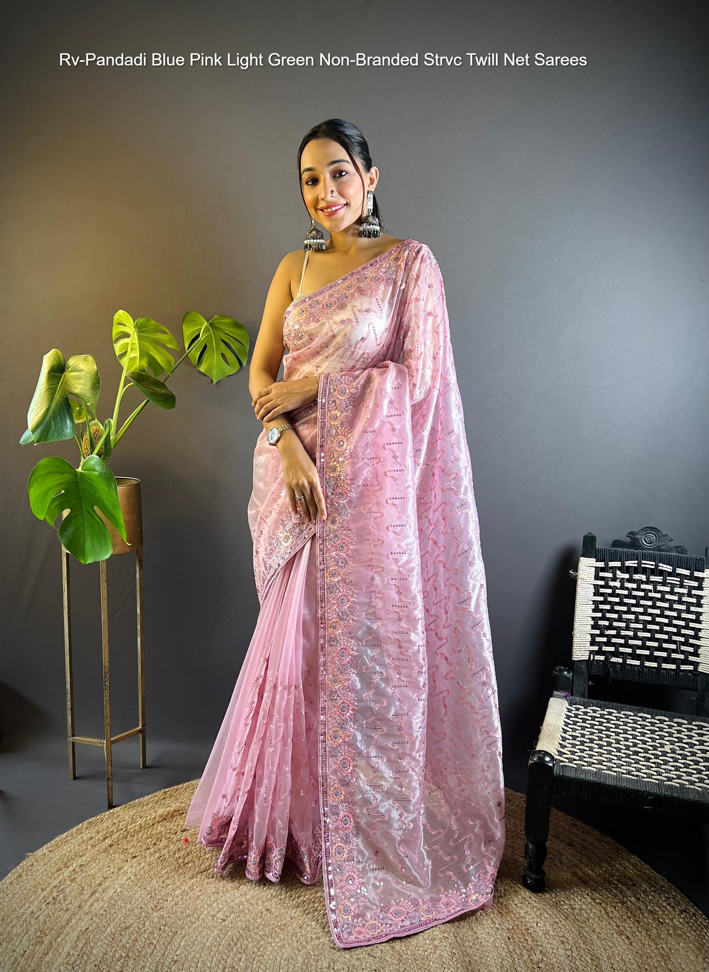 Rv-Pandadi Blue Pink Light Green Non-Branded Strvc Twill Net Sarees