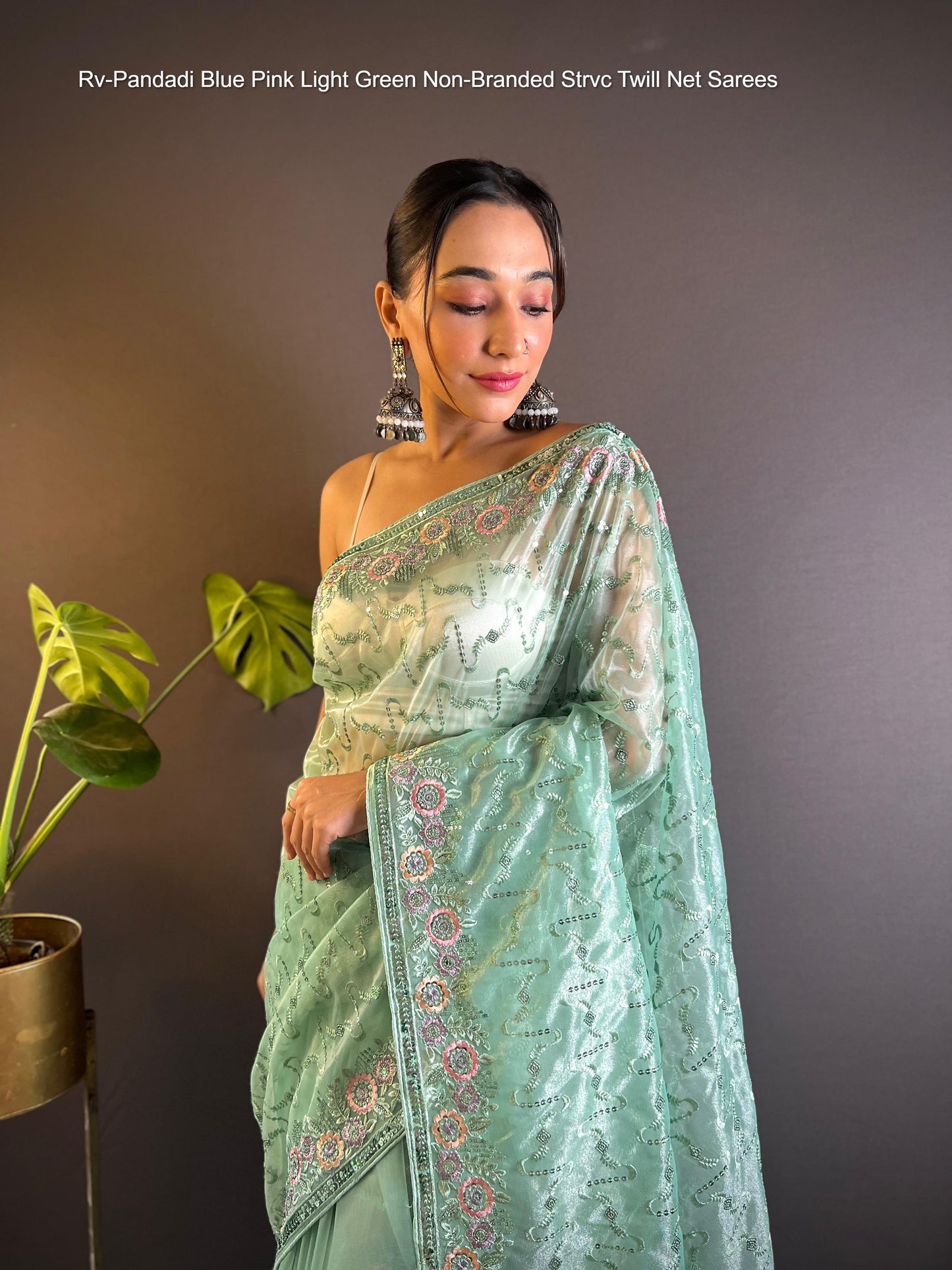 Rv-Pandadi Blue Pink Light Green Non-Branded Strvc Twill Net Sarees
