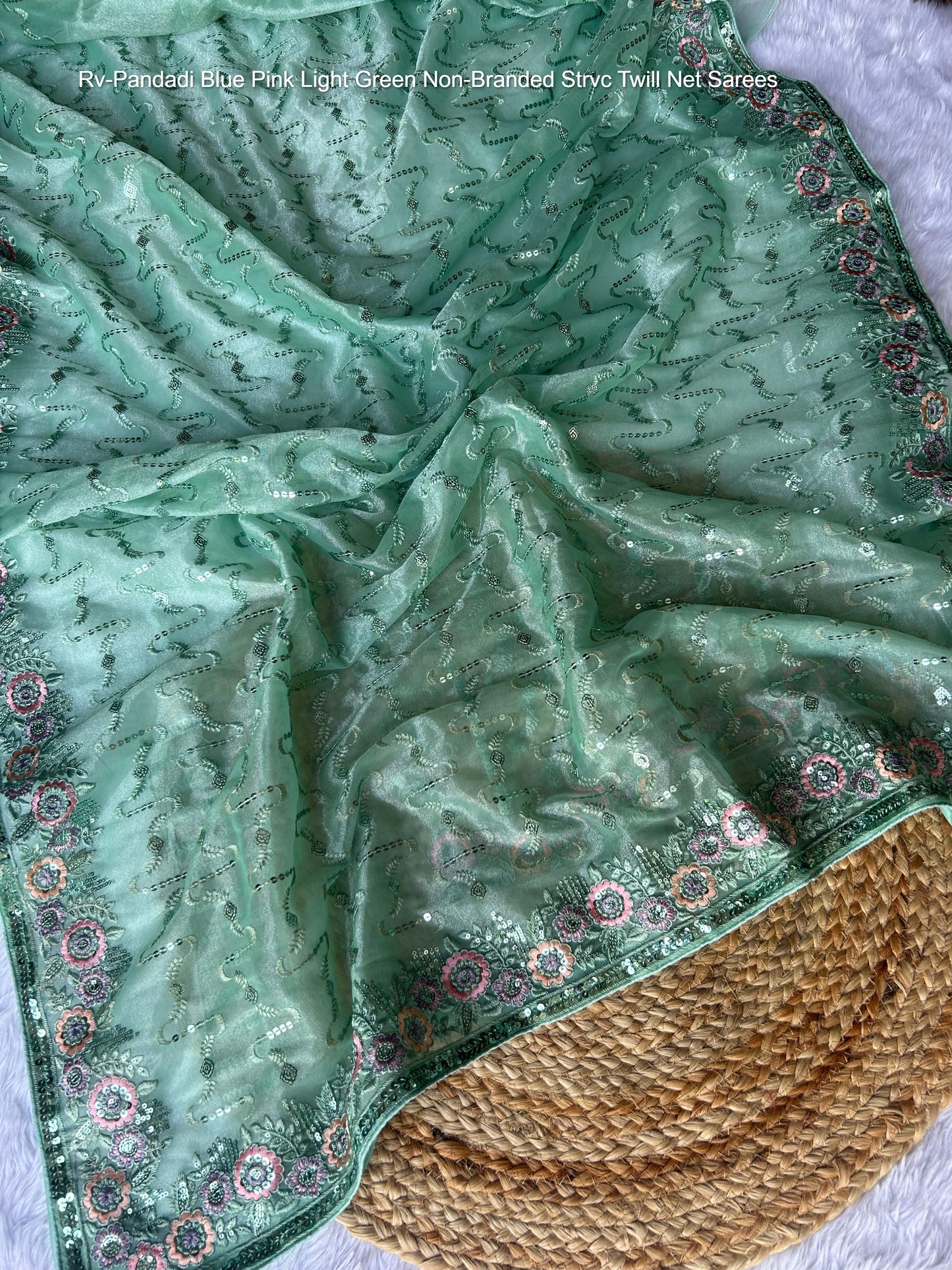 Rv-Pandadi Blue Pink Light Green Non-Branded Strvc Twill Net Sarees