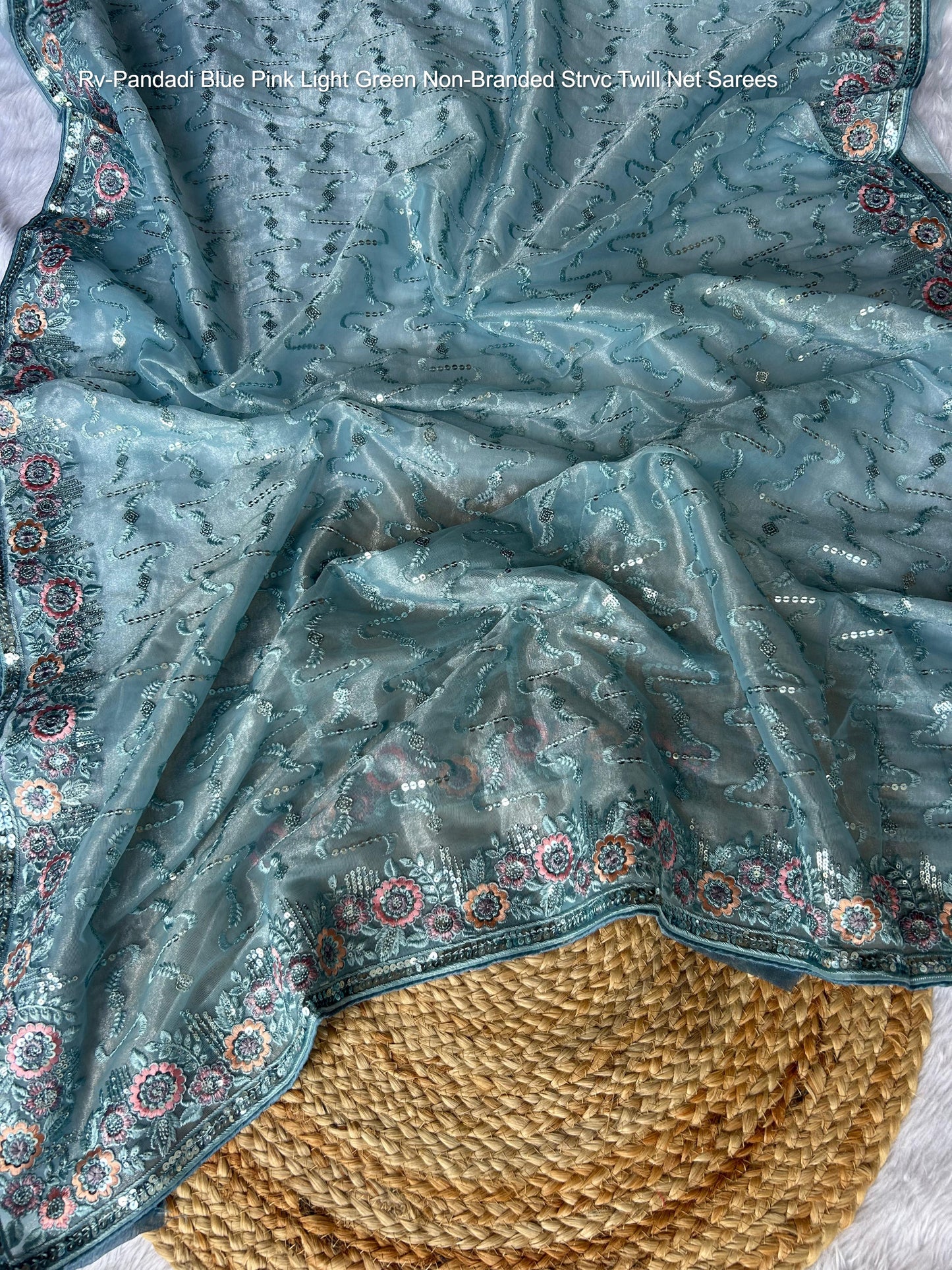 Rv-Pandadi Blue Pink Light Green Non-Branded Strvc Twill Net Sarees
