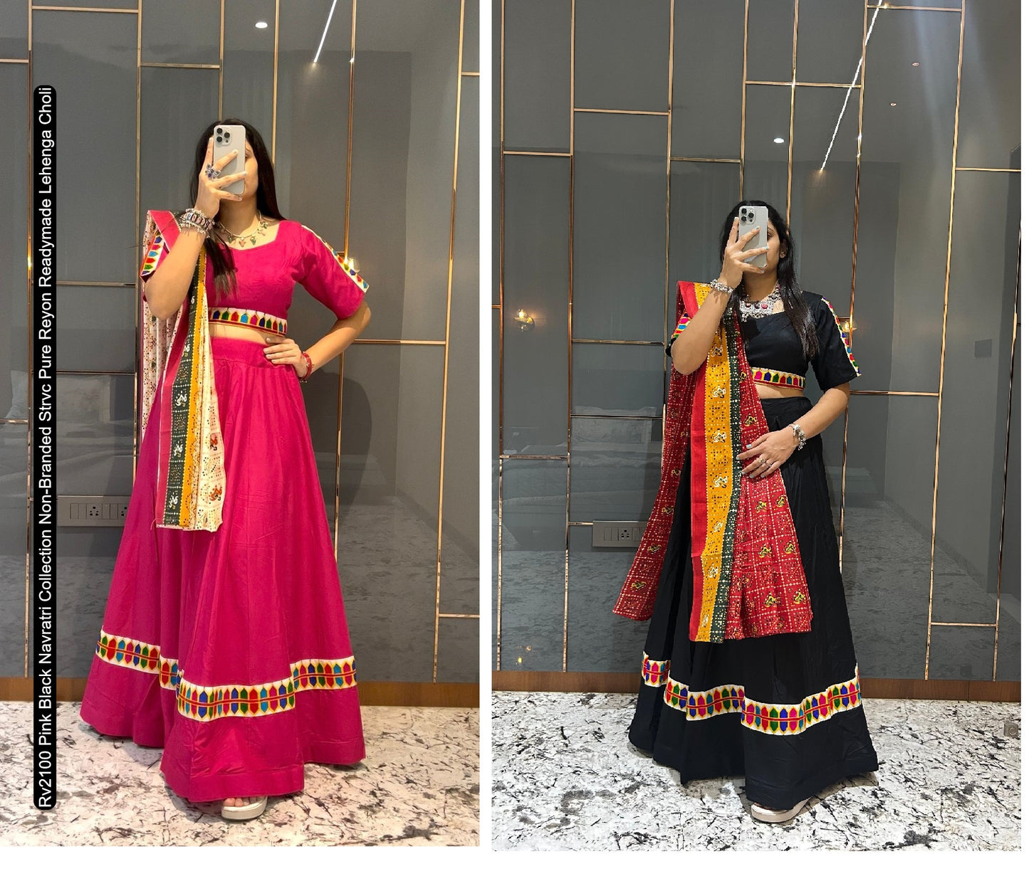 Rv2100 Pink Black Navratri Collection Non-Branded Strvc Pure Reyon Readymade Lehenga Choli
