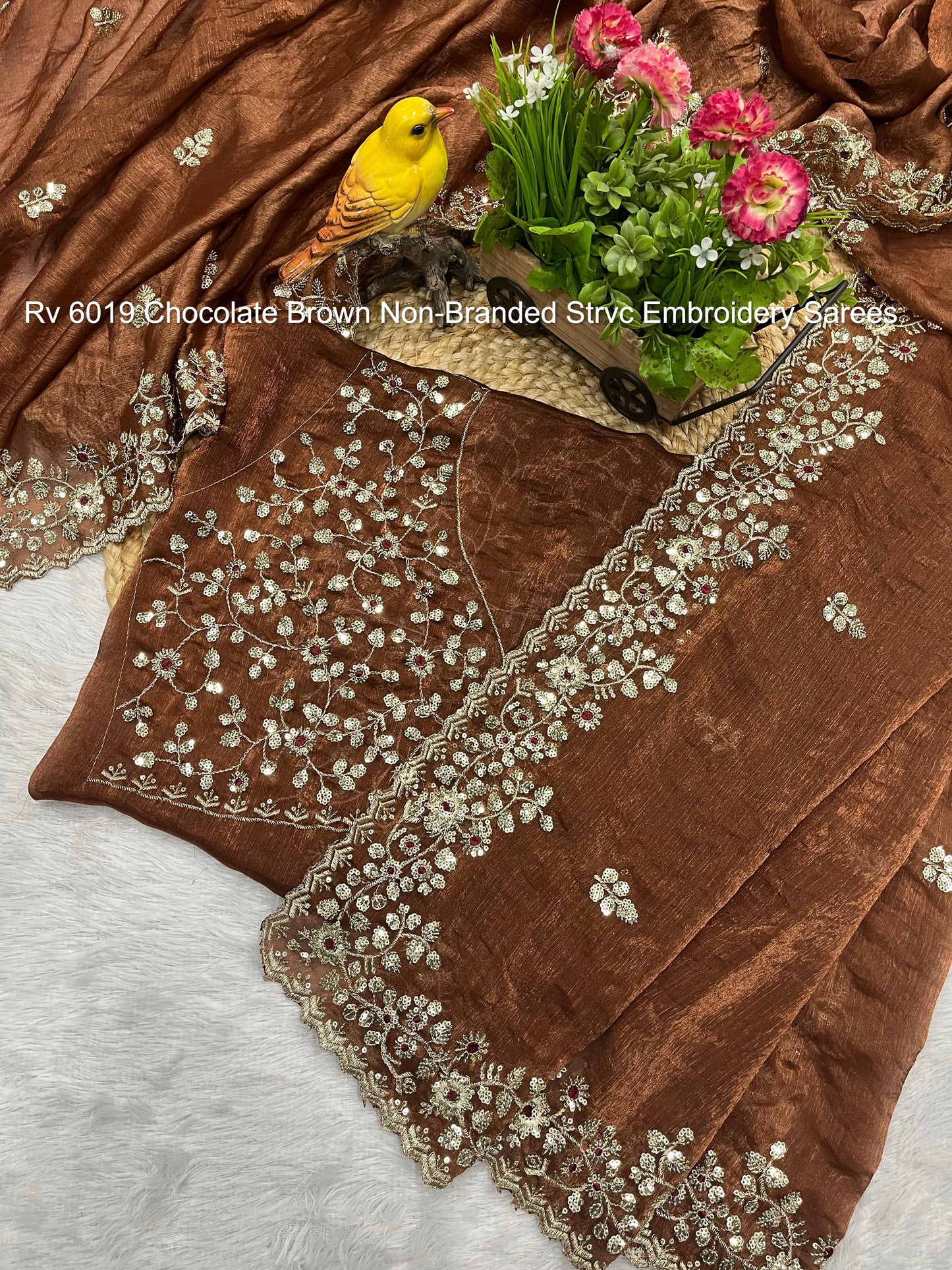 Rv 6019 Chocolate Brown Non-Branded Strvc Embroidery Sarees