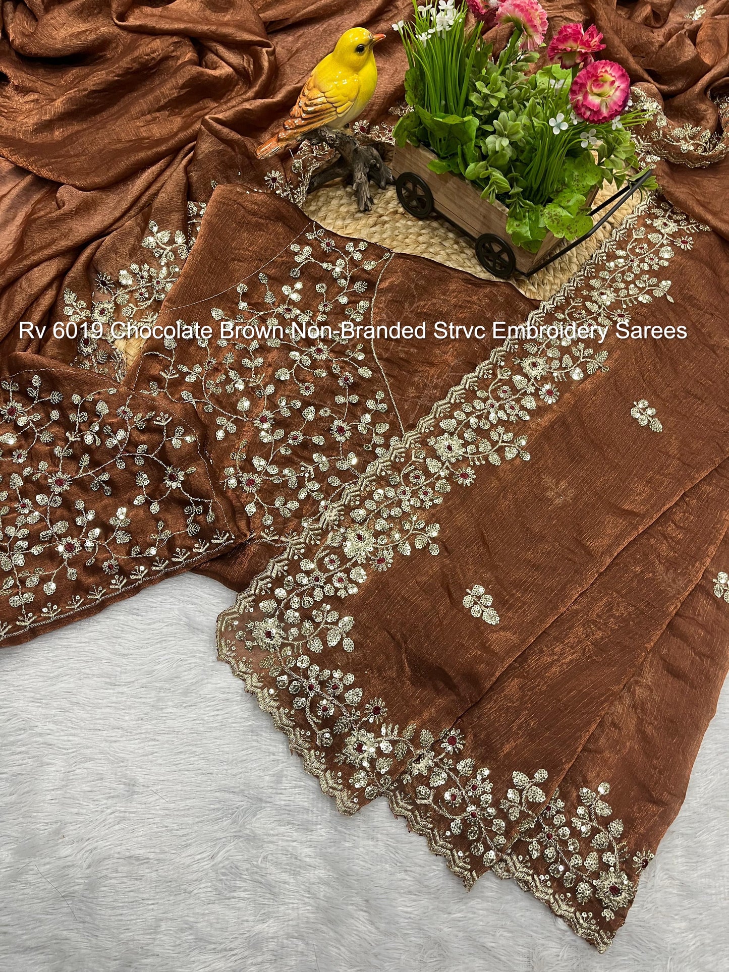 Rv 6019 Chocolate Brown Non-Branded Strvc Embroidery Sarees